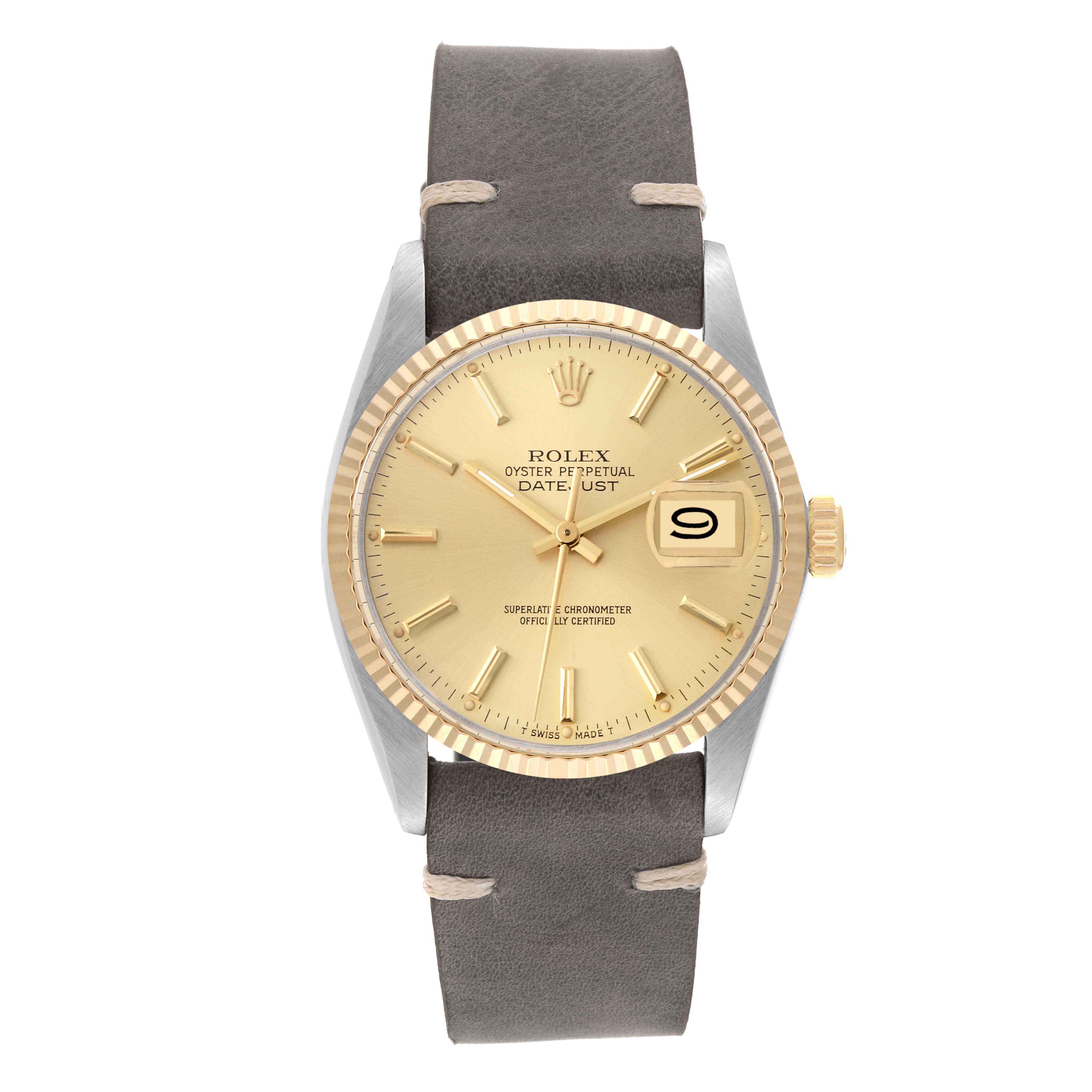 The image shows a front view of the Rolex Vintage Collection 16013 Men's Steel and Gold (two tone) Champagne Dial 16013 Men's Steel and Gold (two tone) Champagne Dial Oyster Perpetual Datejust watch with a gold dial and brown leather strap.