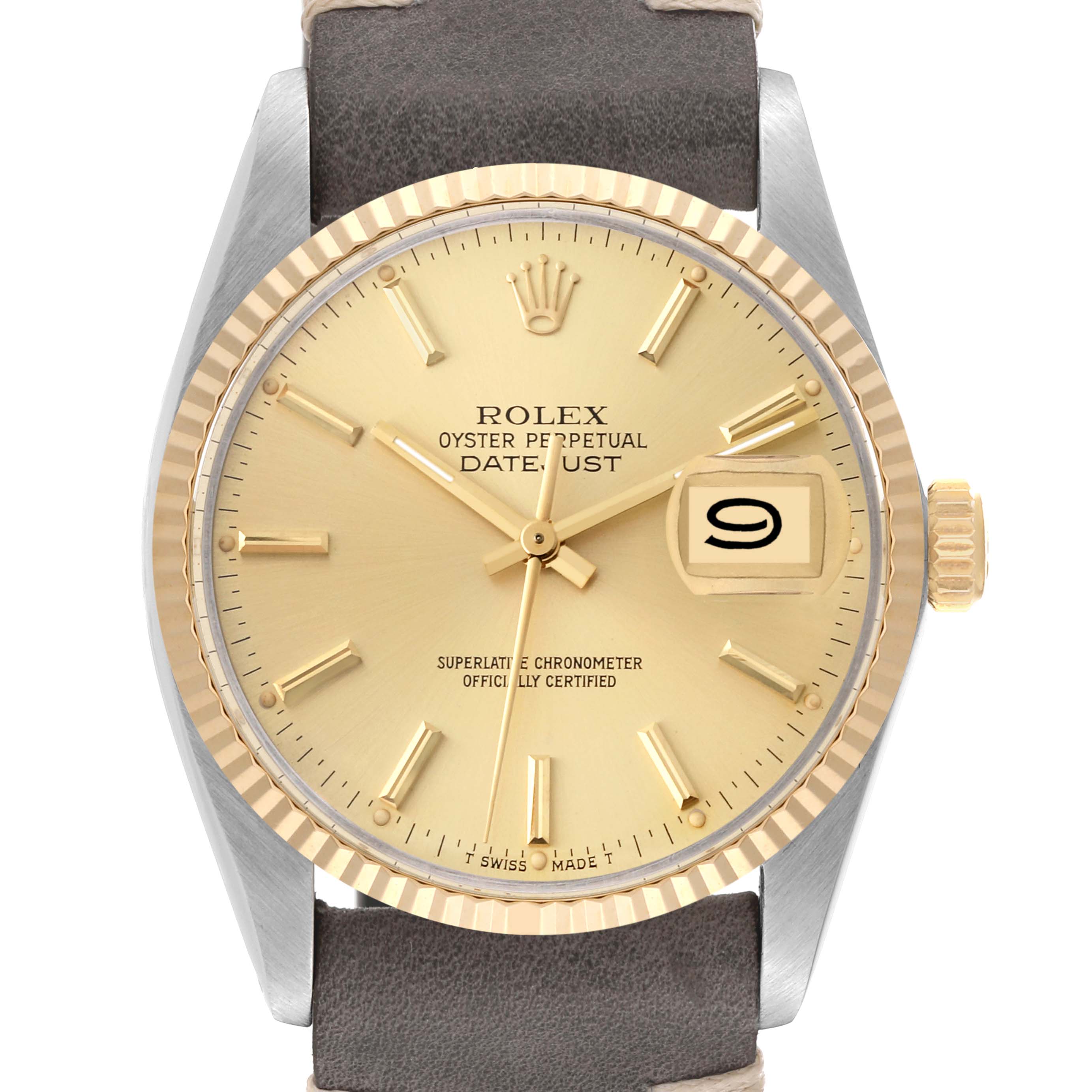The image shows a front view of the Rolex Vintage Collection 16013 Men's Steel and Gold (two tone) Champagne Dial 16013 Men's Steel and Gold (two tone) Champagne Dial Datejust watch, highlighting the dial, bezel, and crown.