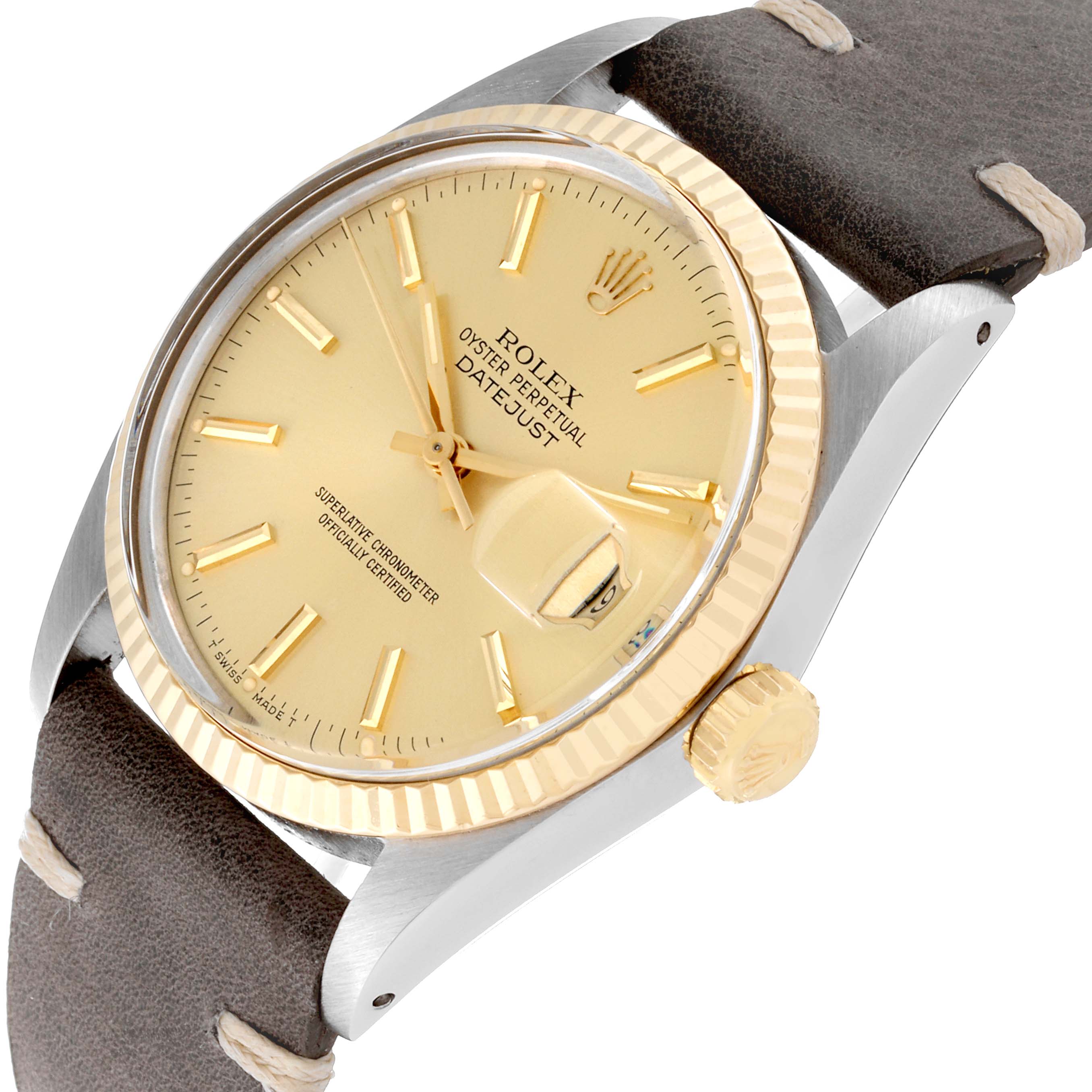 The Rolex Vintage Collection 16013 Men's Steel and Gold (two tone) Champagne Dial 16013 Men's Steel and Gold (two tone) Champagne Dial model is shown at an angled view, displaying its face, crown, and leather strap.