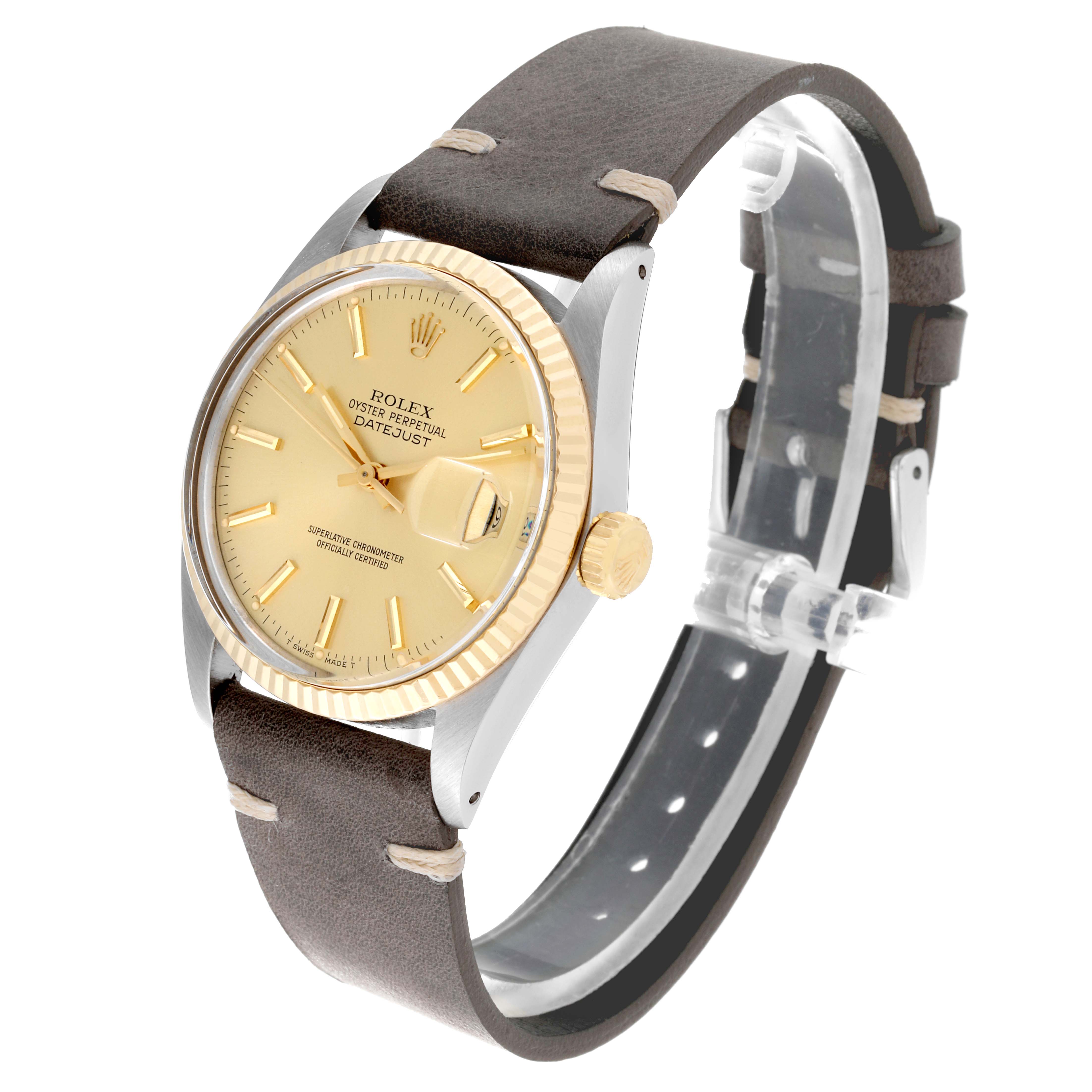 The image shows a Rolex Vintage Collection 16013 Men's Steel and Gold (two tone) Champagne Dial 16013 Men's Steel and Gold (two tone) Champagne Dial model watch angled to display the face, bezel, crown, and leather strap.