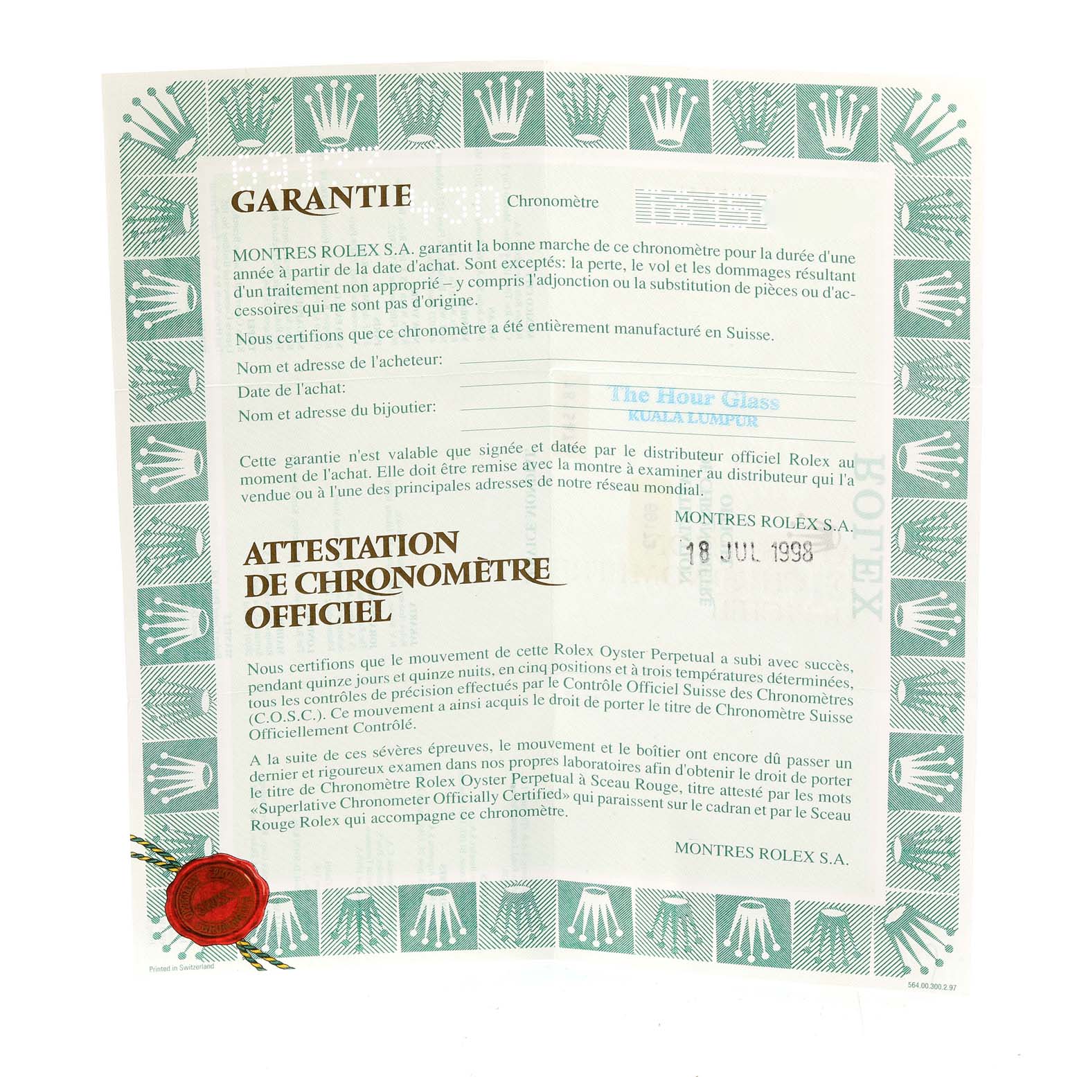 This image shows a Rolex Datejust 69173 Women's Steel and Gold (two tone) White Dial 69173 Women's Steel and Gold (two tone) White Dial warranty document and official chronometer certification, viewed flat against a surface.