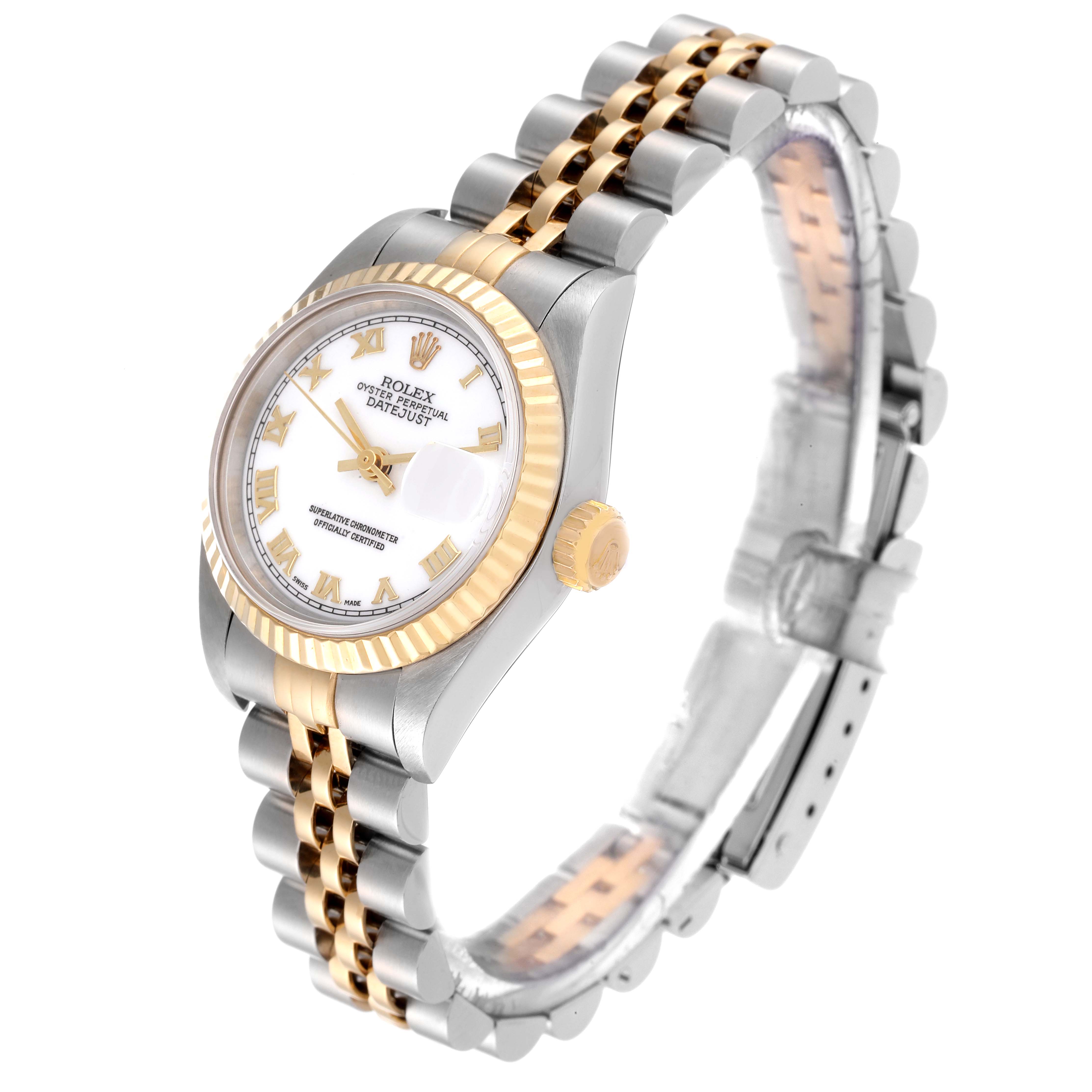 This is a Rolex Datejust 69173 Women's Steel and Gold (two tone) White Dial 69173 Women's Steel and Gold (two tone) White Dial watch shown at a tilted angle, highlighting its face, bezel, crown, and two-tone bracelet.