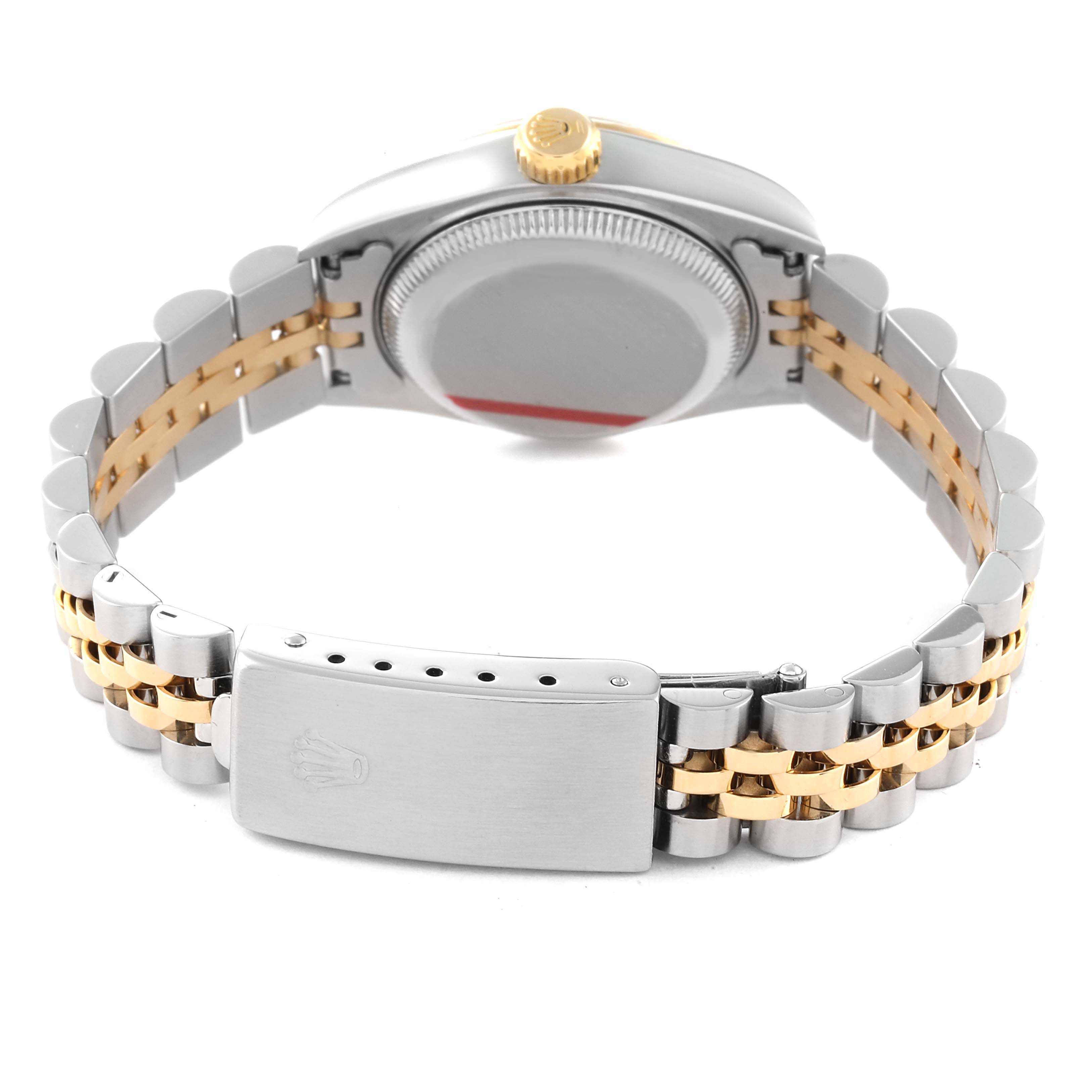 The photo shows the back view of a Rolex Datejust 69173 Women's Steel and Gold (two tone) White Dial 69173 Women's Steel and Gold (two tone) White Dial watch, highlighting the case, crown, and two-tone bracelet with clasp.