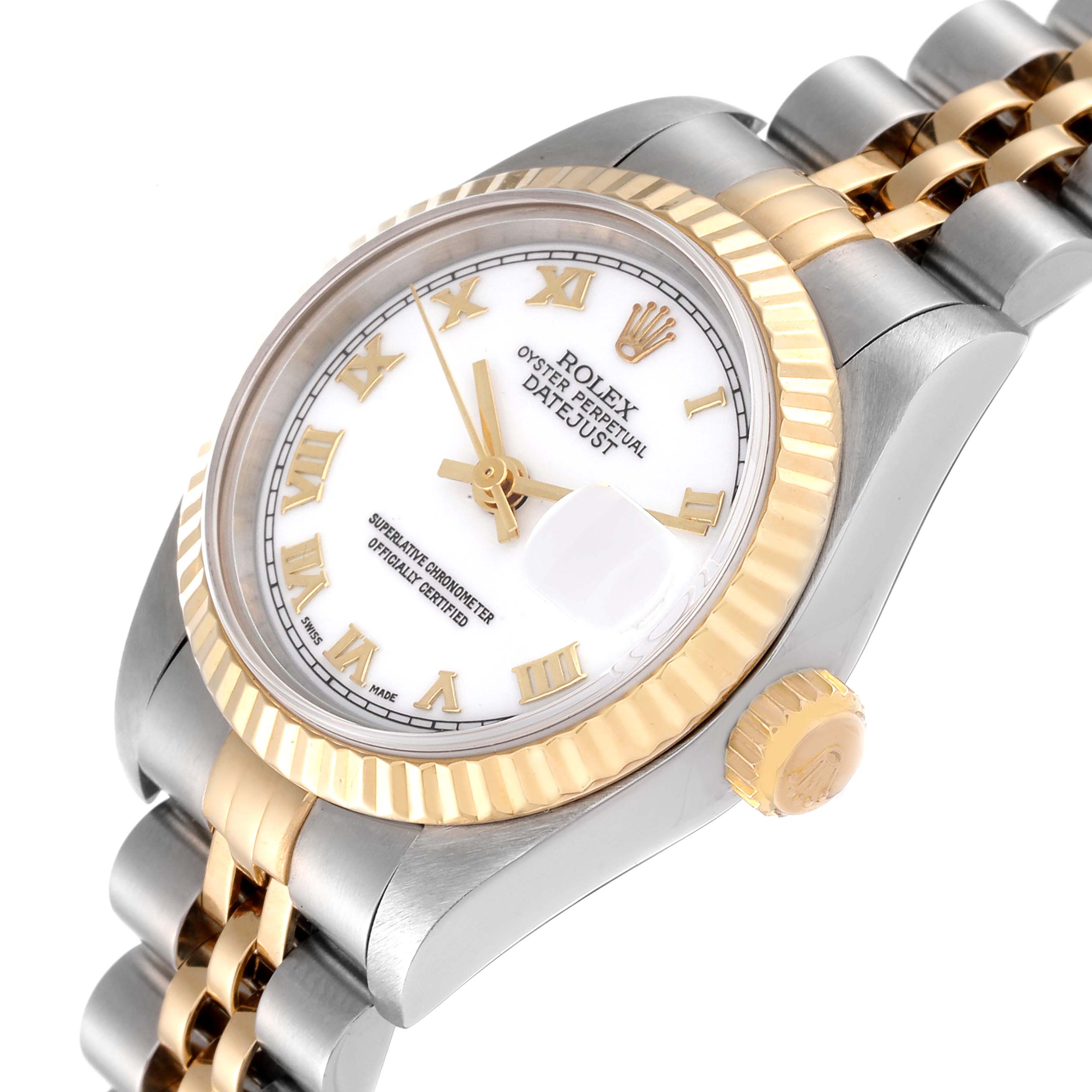 The image shows a Rolex Datejust 69173 Women's Steel and Gold (two tone) White Dial 69173 Women's Steel and Gold (two tone) White Dial watch at an angled close-up, highlighting the dial, bezel, crown, and part of the bracelet.