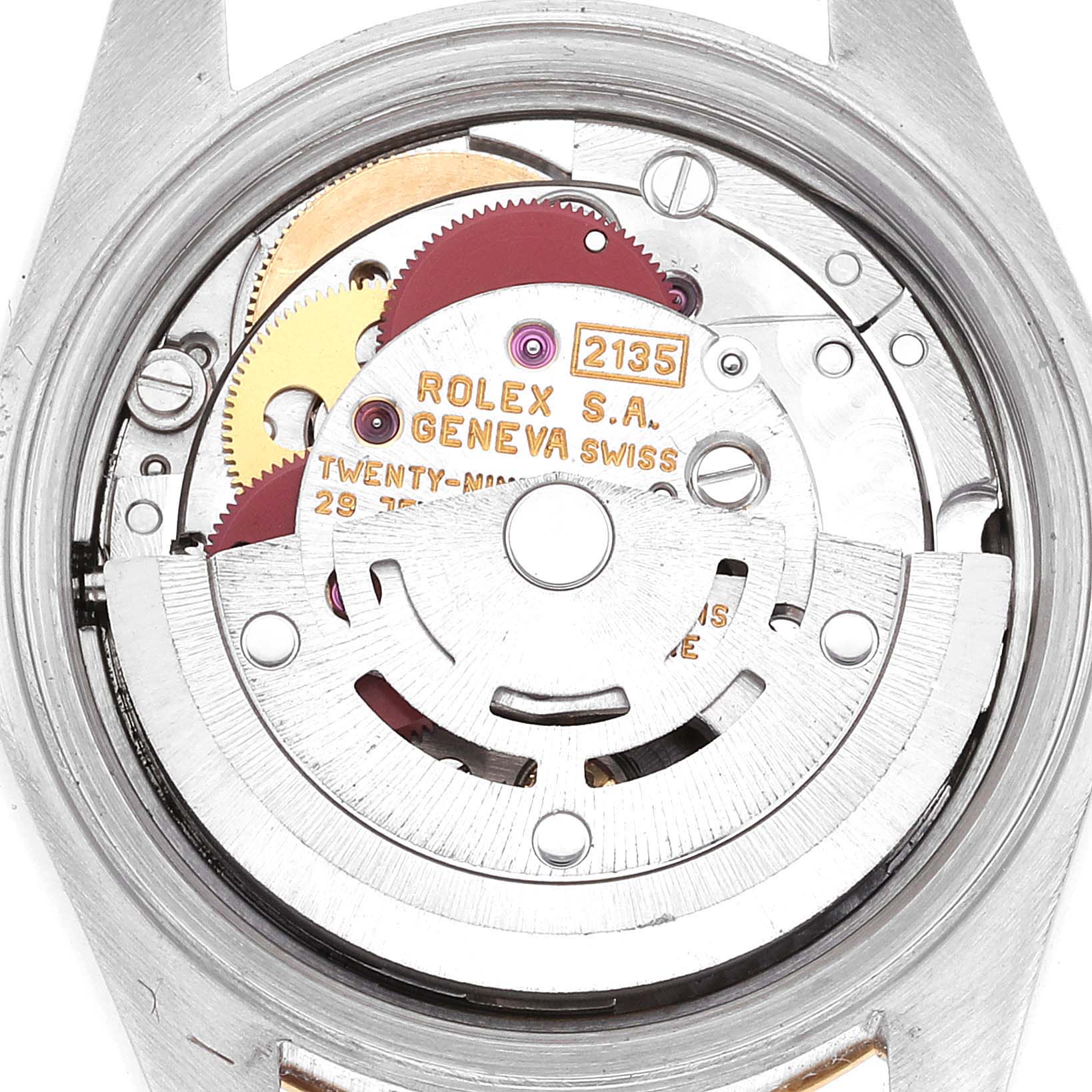 The image shows the internal movement mechanism of a Rolex Datejust 69173 Women's Steel and Gold (two tone) White Dial 69173 Women's Steel and Gold (two tone) White Dial watch viewed from the back.