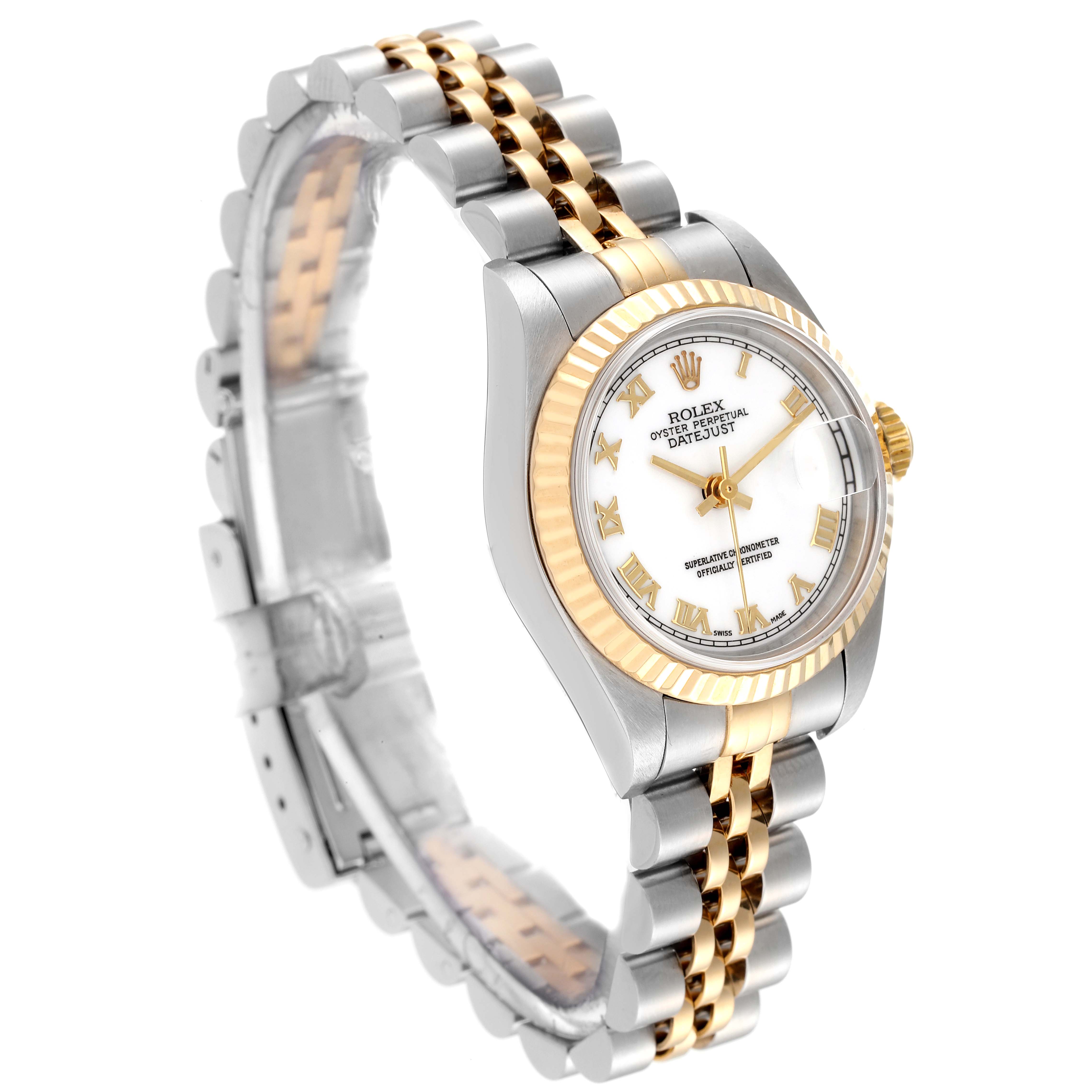 The image shows a Rolex Datejust 69173 Women's Steel and Gold (two tone) White Dial 69173 Women's Steel and Gold (two tone) White Dial watch angled from the front, displaying the face, bezel, and part of the bracelet.