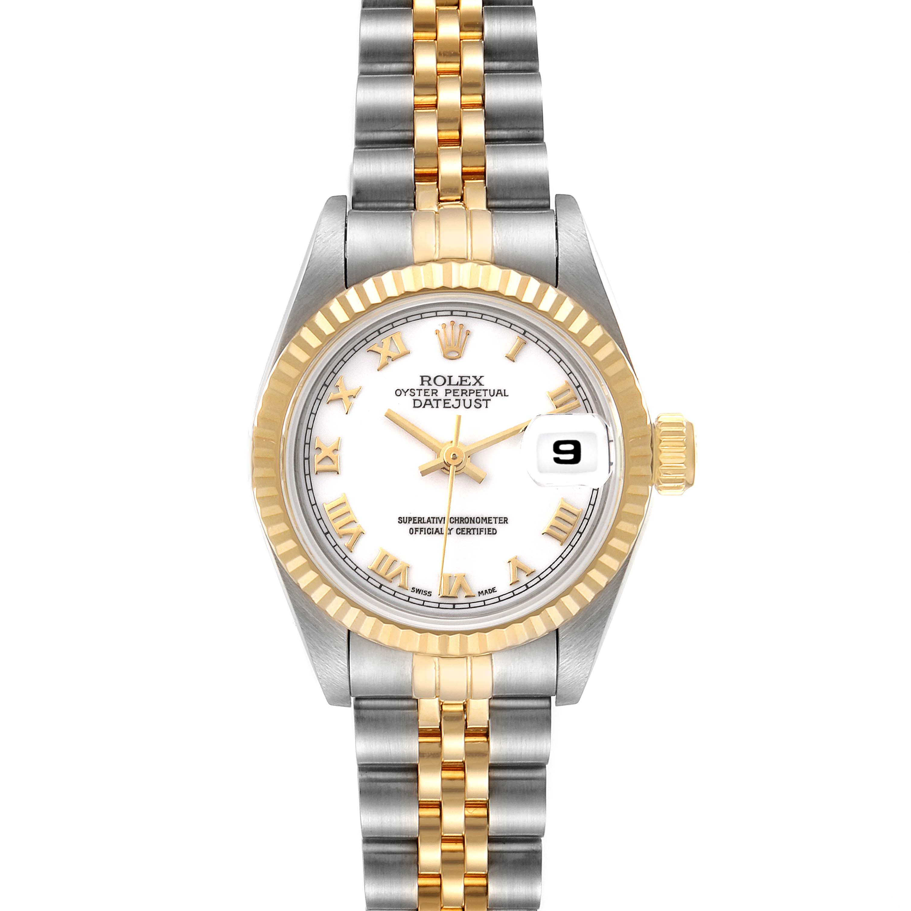 The image shows a front view of the Rolex Datejust 69173 Women's Steel and Gold (two tone) White Dial 69173 Women's Steel and Gold (two tone) White Dial watch, displaying its dial, bezel, and two-tone bracelet.
