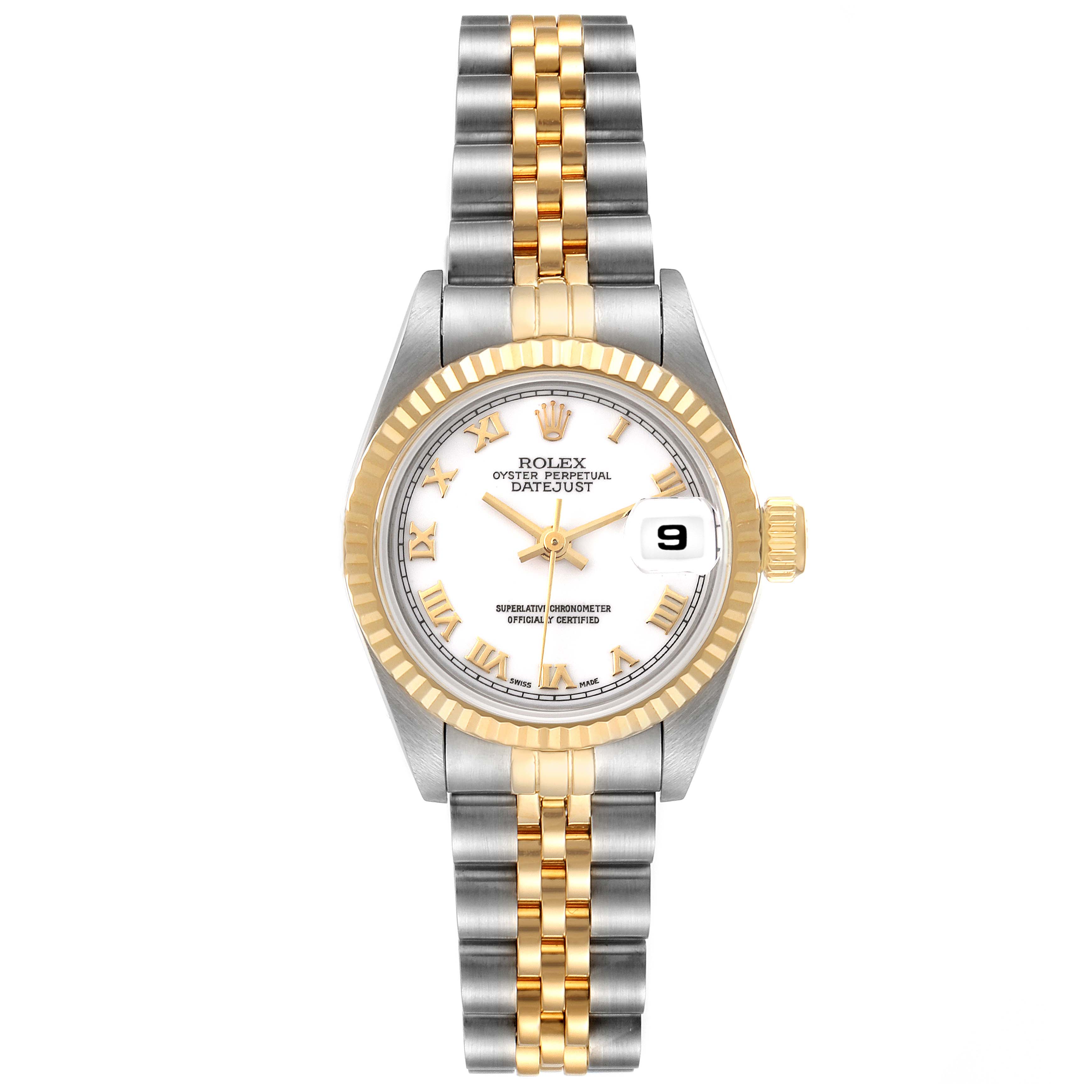 The image shows a Rolex Datejust 69173 Women's Steel and Gold (two tone) White Dial 69173 Women's Steel and Gold (two tone) White Dial watch from a top-down angle, highlighting its face, bezel, bracelet, and crown.