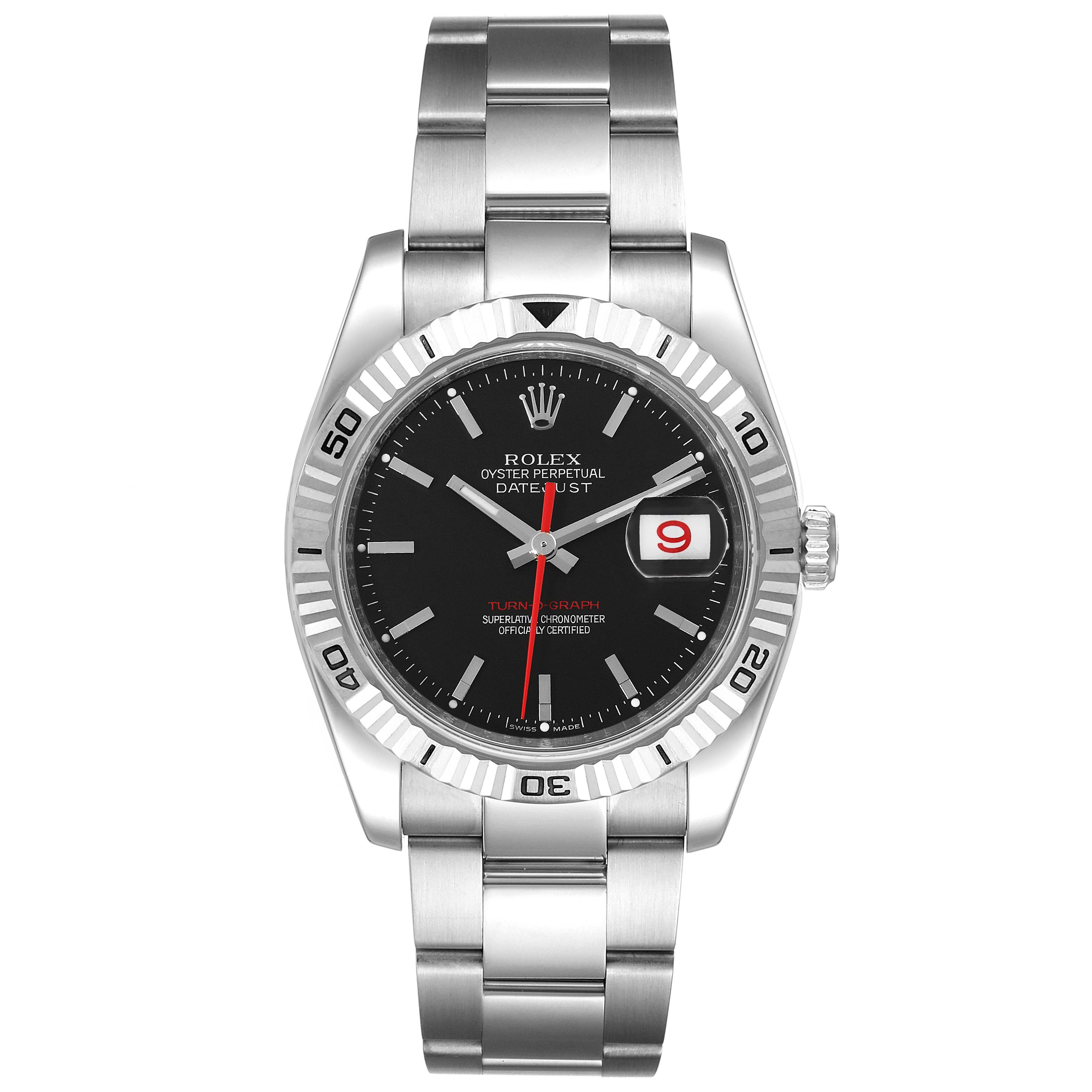This image shows a Rolex Turn-o-Graph 116264 Men's Stainless Steel Black Dial 116264 Men's Stainless Steel Black Dial watch from a front angle, highlighting the dial, bezel, bracelet, and crown.