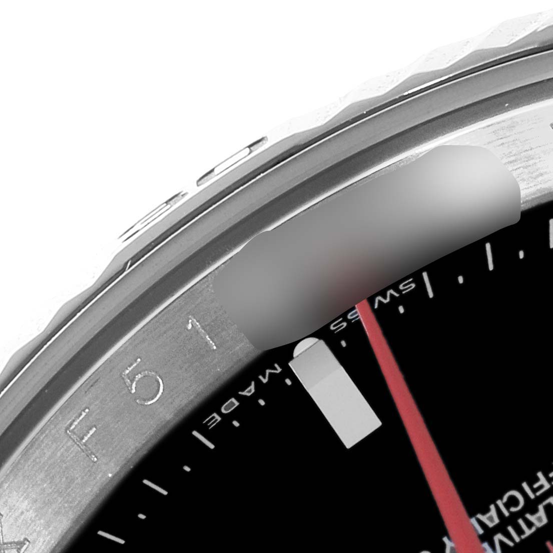 Close-up shot of the Rolex Turn-o-Graph 116264 Men's Stainless Steel Black Dial 116264 Men's Stainless Steel Black Dial watch showing part of the bezel and the dial.