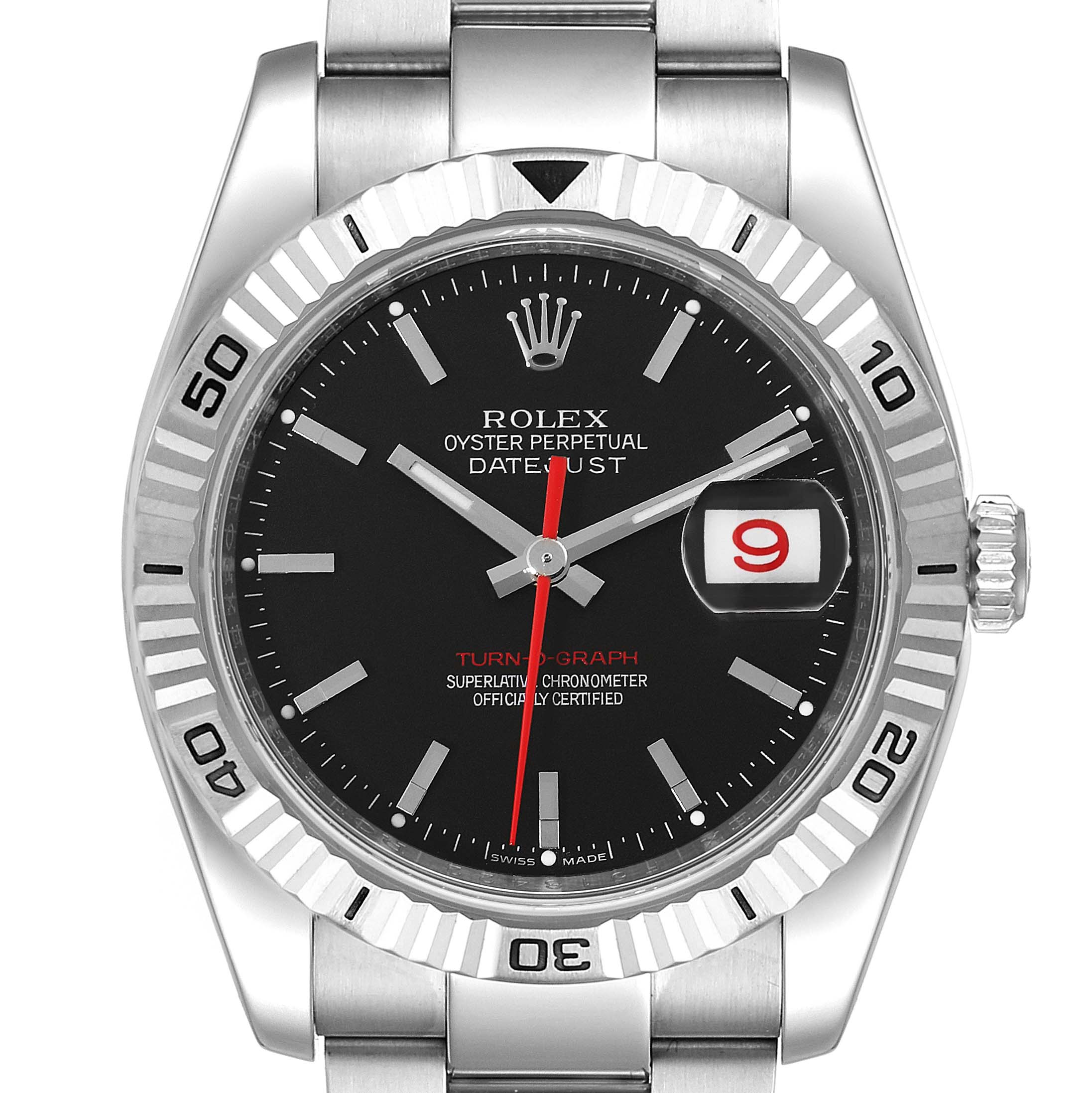 This image shows a front view of the Rolex Turn-o-Graph 116264 Men's Stainless Steel Black Dial 116264 Men's Stainless Steel Black Dial watch, featuring its bezel, dial, hands, and date display.