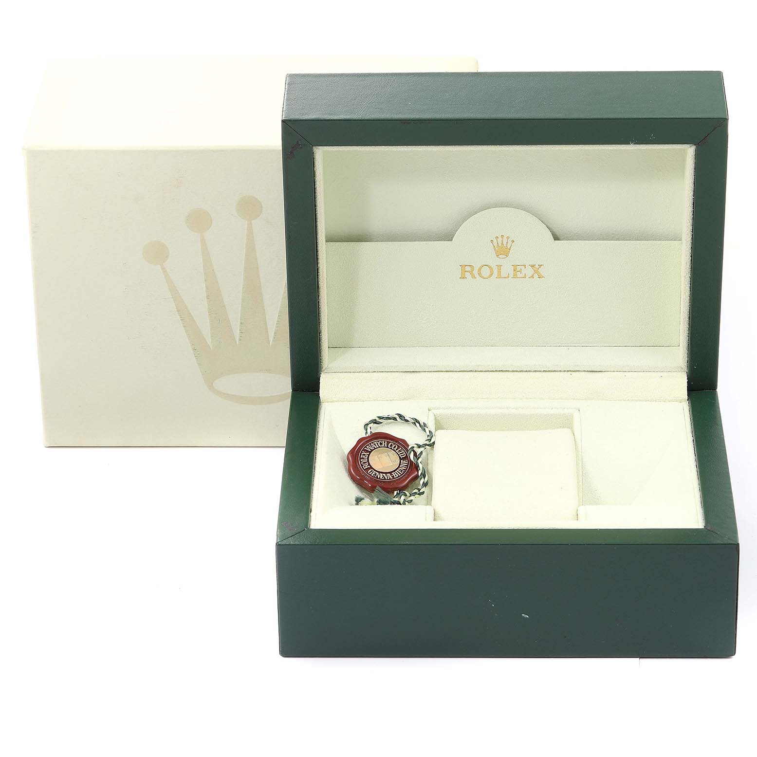 The image shows the open green box of a Rolex Turn-o-Graph 116264 Men's Stainless Steel Black Dial 116264 Men's Stainless Steel Black Dial watch, with a hang tag and papers visible inside.