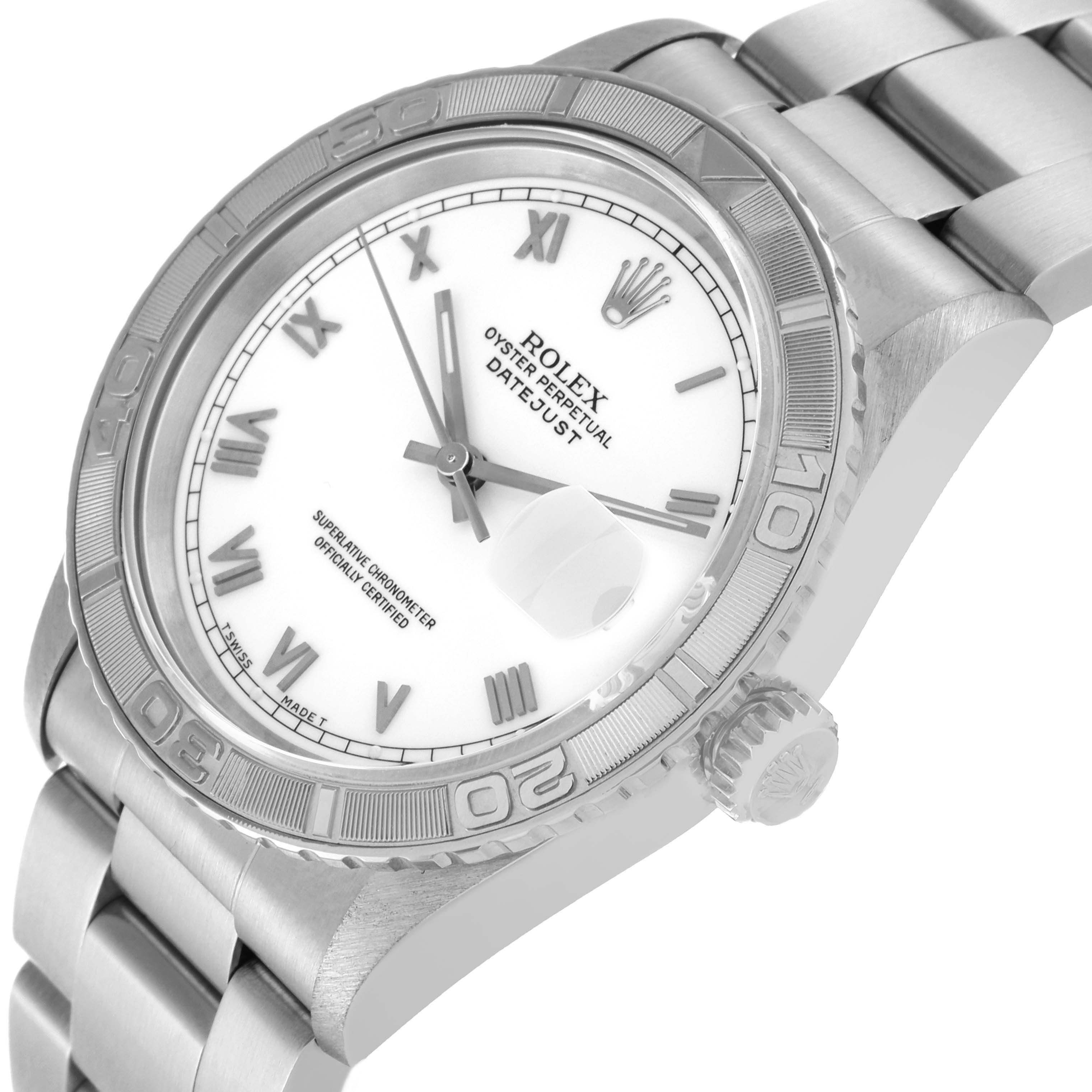 The image shows a close-up of a Rolex Turn-o-Graph 16264 Men's Stainless Steel White Dial 16264 Men's Stainless Steel White Dial watch taken at an angled view, displaying the dial, bezel, crown, and bracelet.