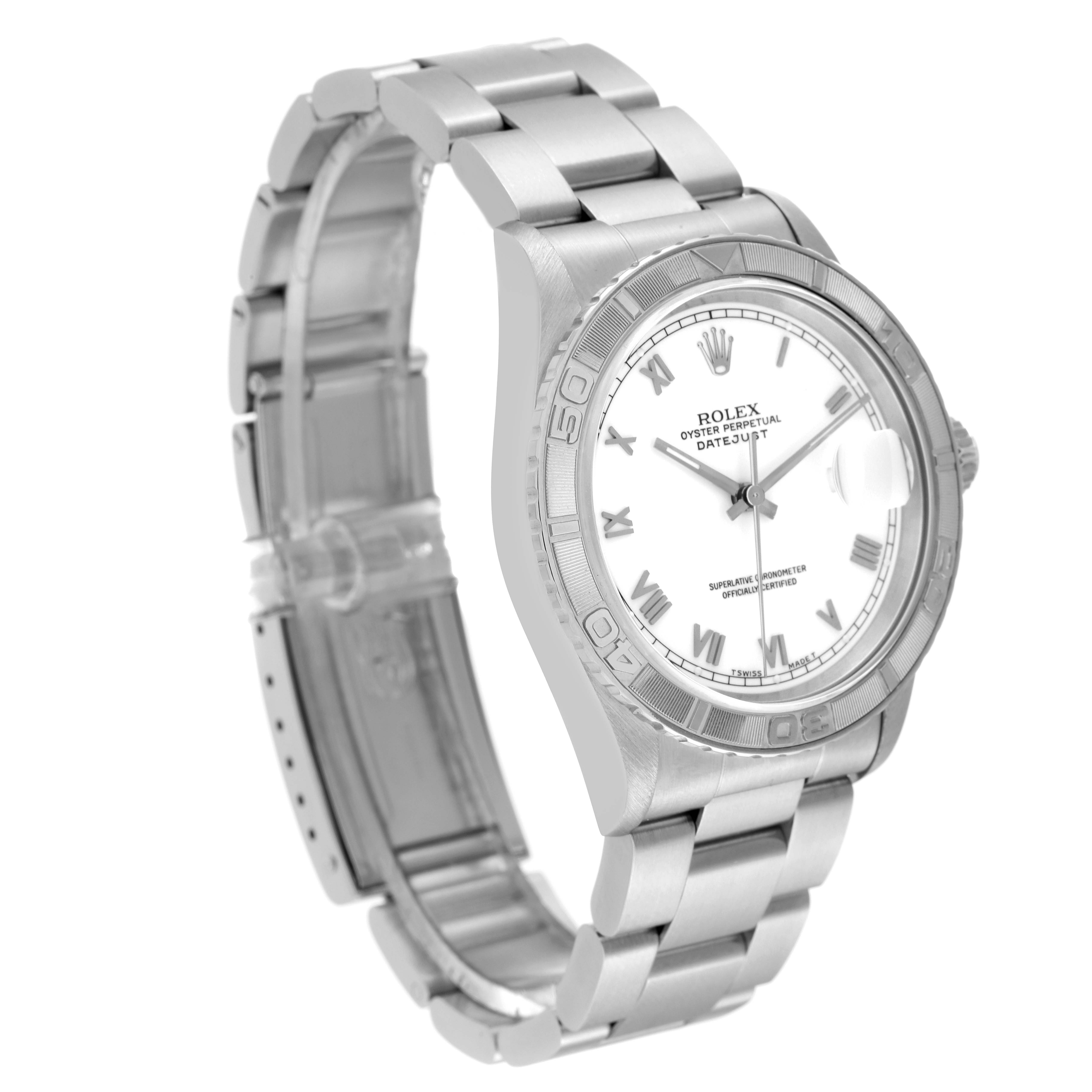 This image shows a Rolex Turn-o-Graph 16264 Men's Stainless Steel White Dial 16264 Men's Stainless Steel White Dial watch at a three-quarter angle, highlighting its face, bezel, and bracelet.