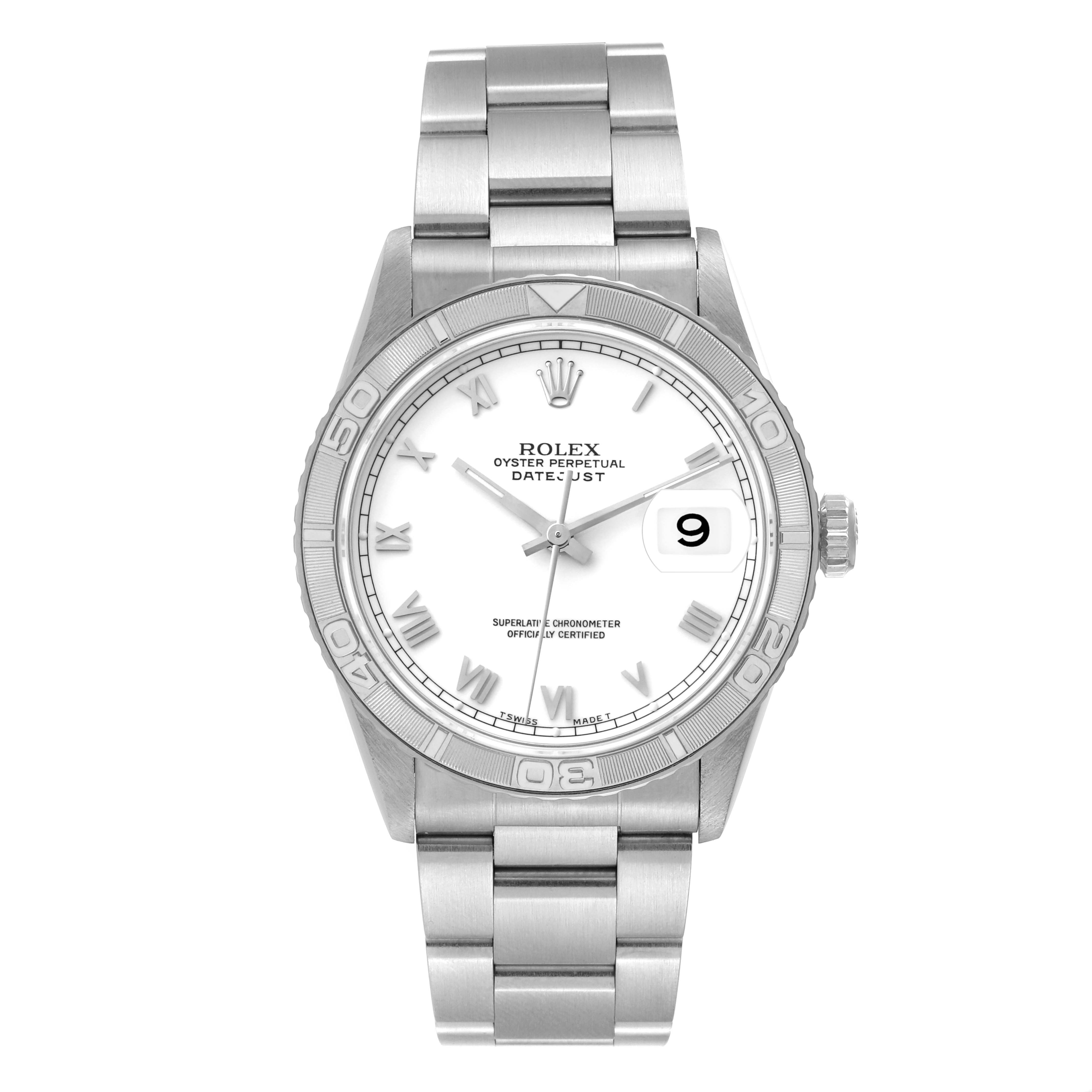 This image shows the Rolex Turn-o-Graph 16264 Men's Stainless Steel White Dial 16264 Men's Stainless Steel White Dial watch from a top-down angle, highlighting the dial, bezel, crown, and bracelet.