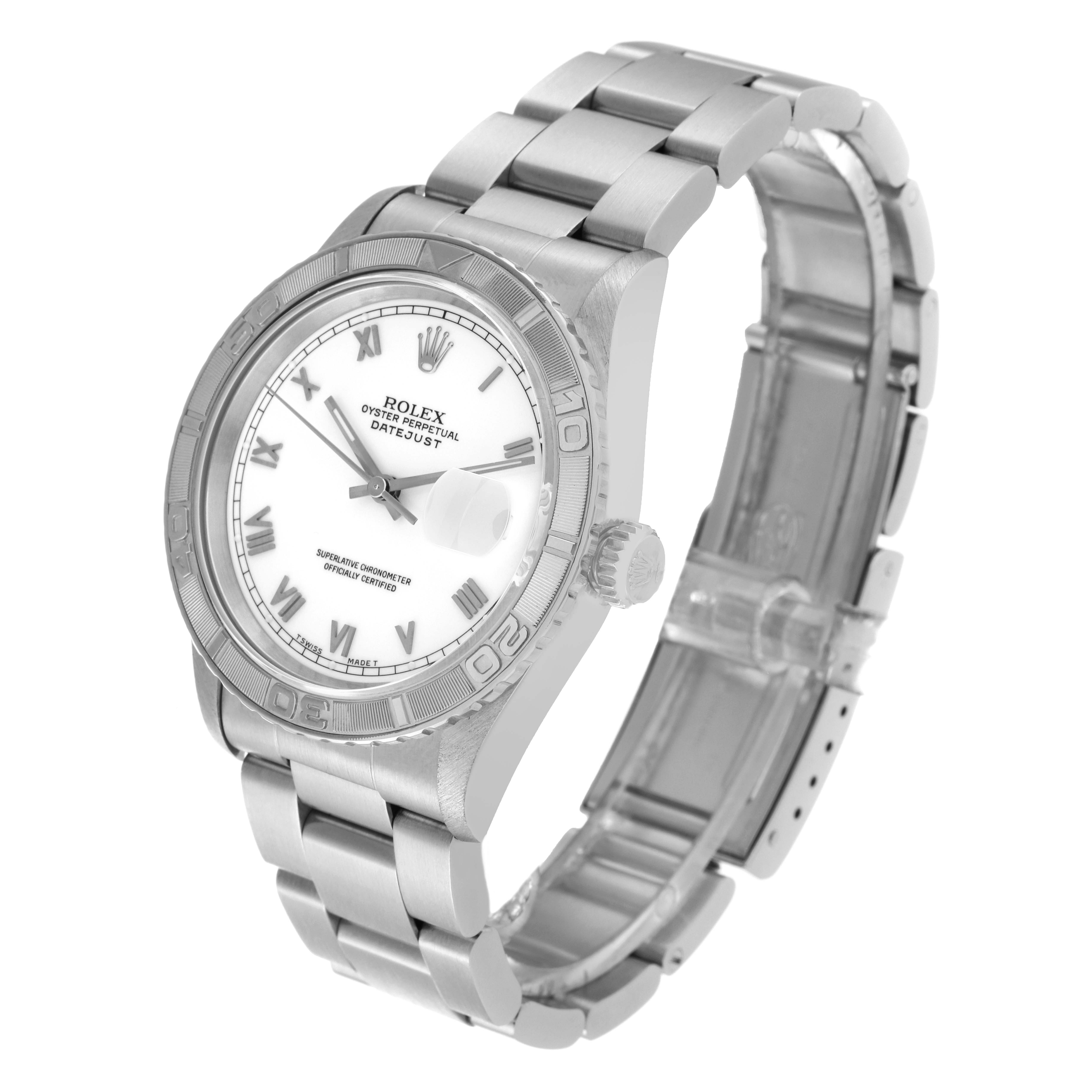 The image shows a Rolex Turn-o-Graph 16264 Men's Stainless Steel White Dial 16264 Men's Stainless Steel White Dial model from a three-quarter angle, highlighting the dial, bezel, crown, and bracelet.