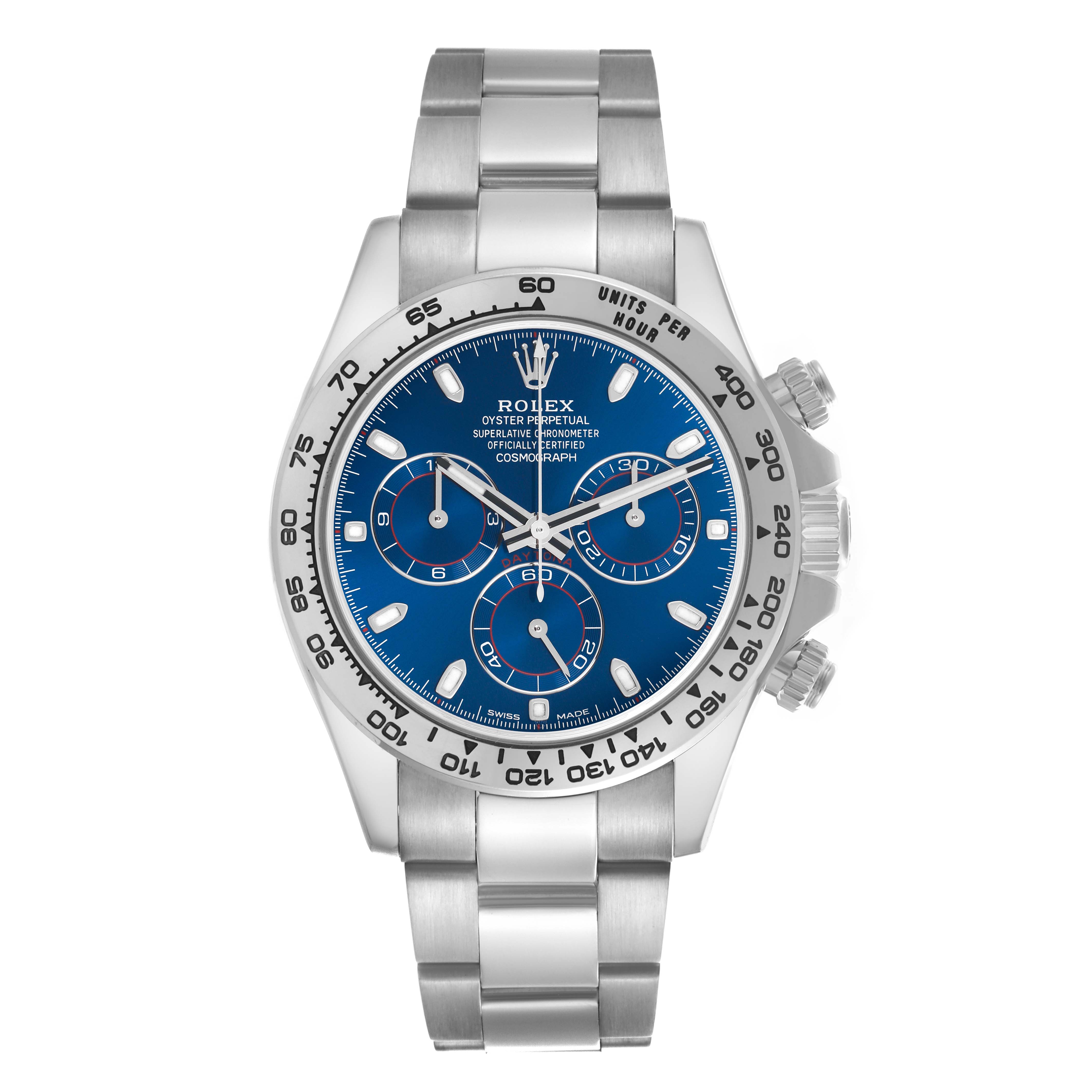 The Rolex Daytona 116509 Men
s White Gold Blue Dial 116509 Men
s White Gold Blue Dial watch is shown from the front, displaying the dial, bezel, and bracelet clearly.