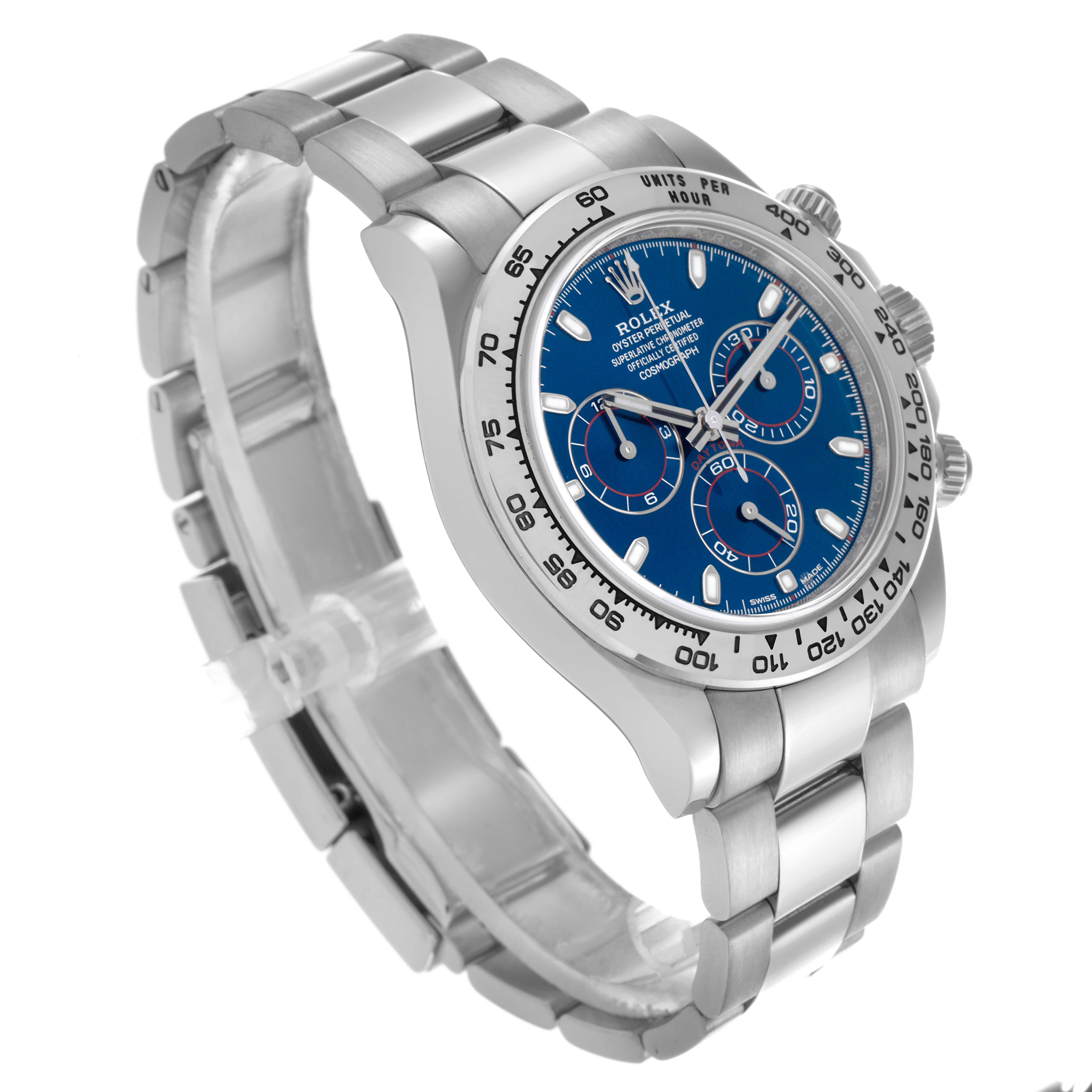 This image shows a Rolex Daytona 116509 Men
s White Gold Blue Dial 116509 Men
s White Gold Blue Dial watch at a tilted angle, displaying the dial, bezel, and bracelet clearly.