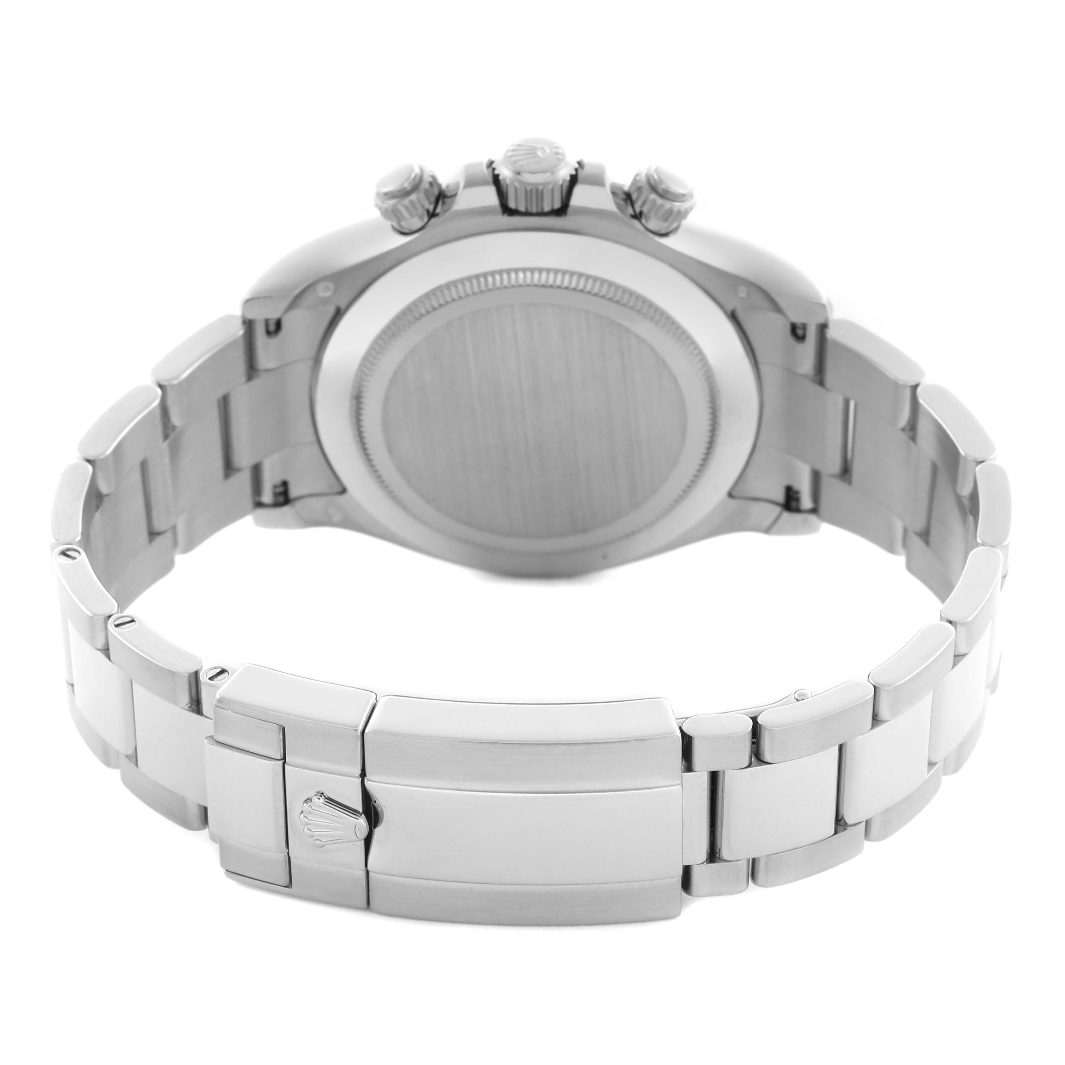 The image shows the back and bracelet of a Rolex Daytona 116509 Men
s White Gold Blue Dial 116509 Men
s White Gold Blue Dial, highlighting its clasp and caseback.