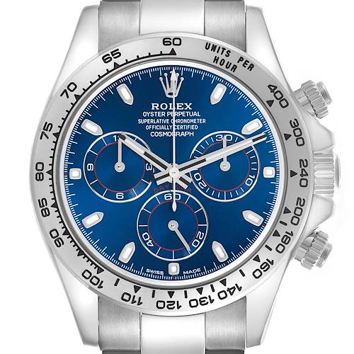 The Rolex Daytona watch is shown from the front, displaying its dial, bezel, and pushers clearly.