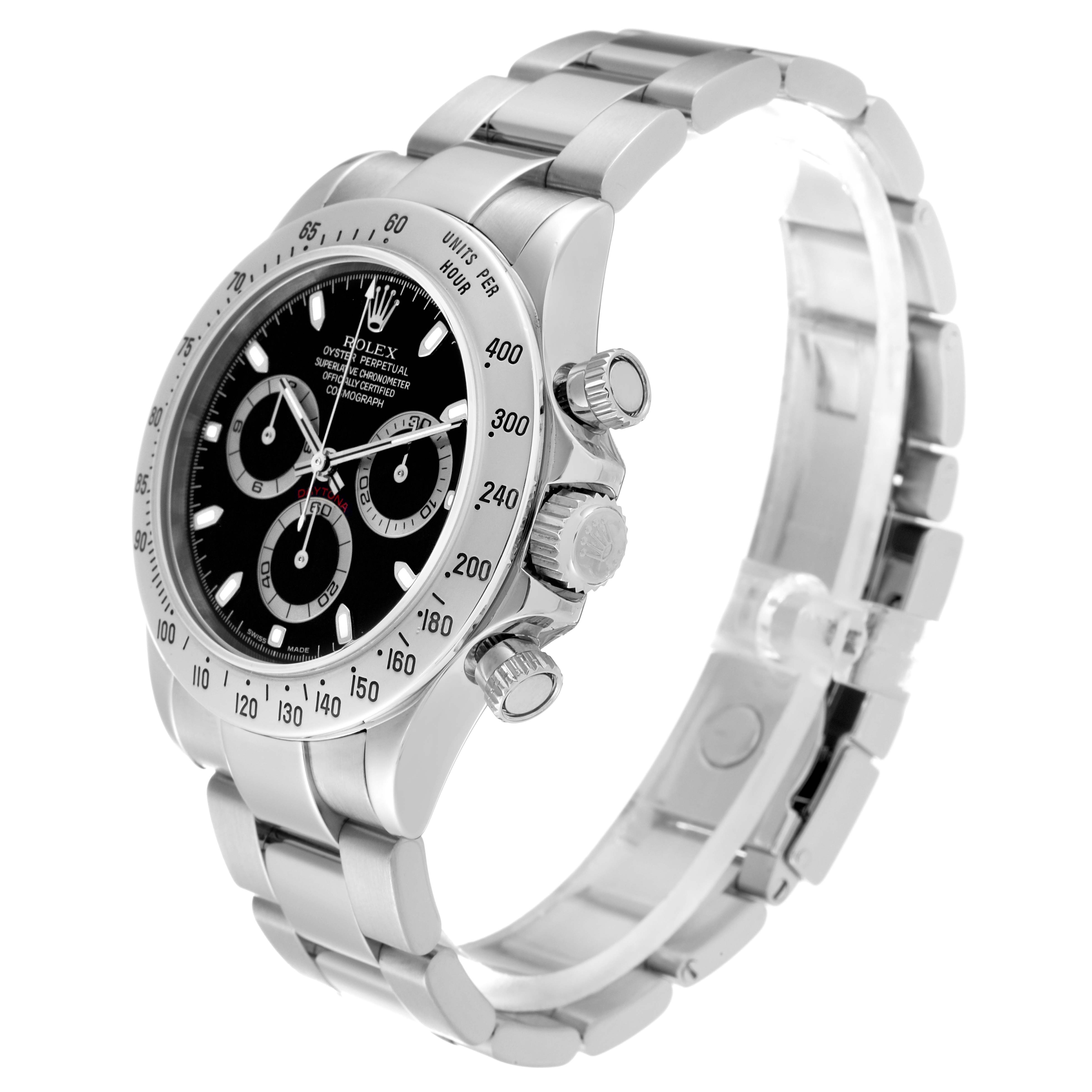 This Rolex Daytona 116520 Men's Stainless Steel Black Dial 116520 Men's Stainless Steel Black Dial watch is shown at a slight angle, highlighting its face, crown, pushers, and metal bracelet.