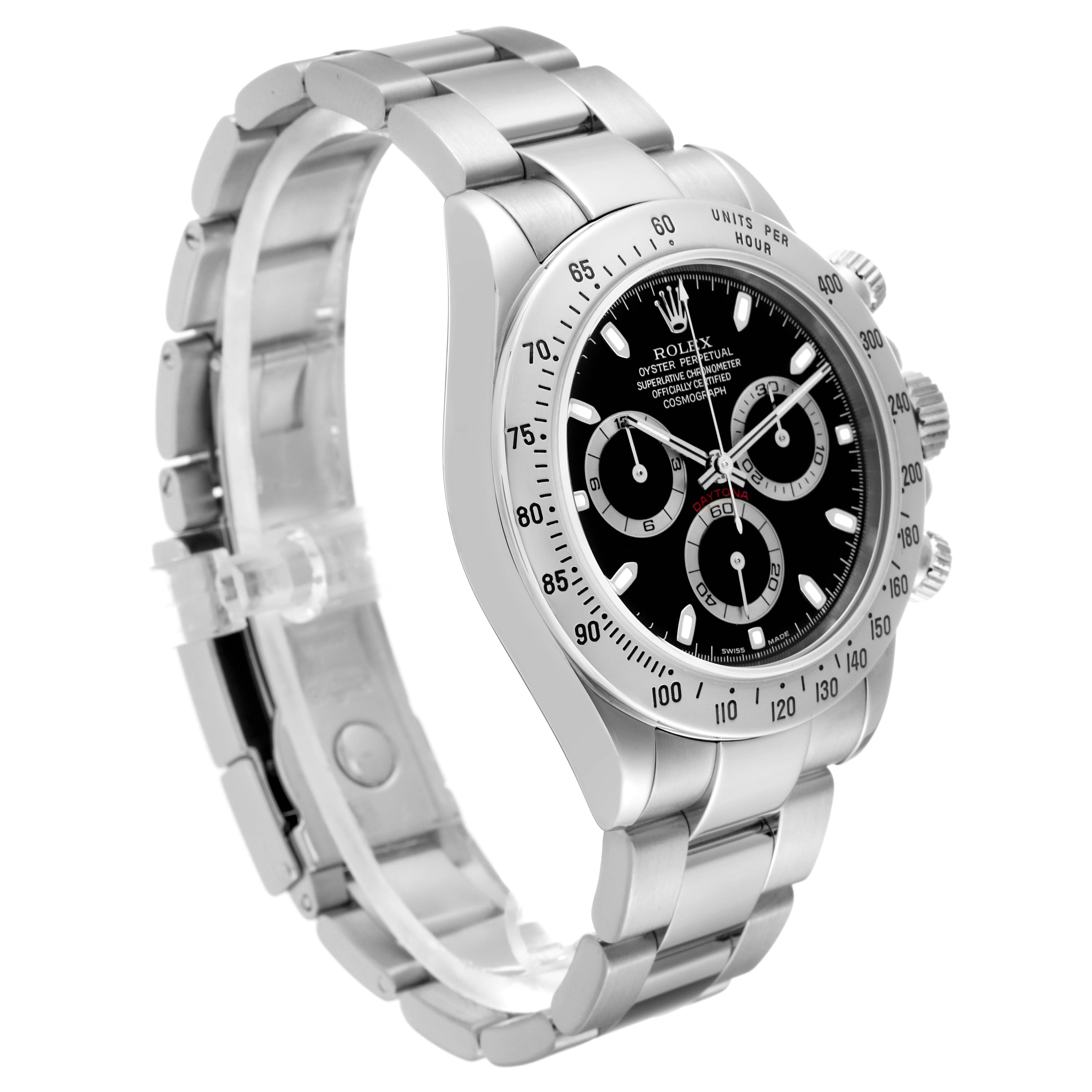 This image shows the Rolex Daytona 116520 Men's Stainless Steel Black Dial 116520 Men's Stainless Steel Black Dial watch at a slight left angle, emphasizing the face, bezel, and bracelet.