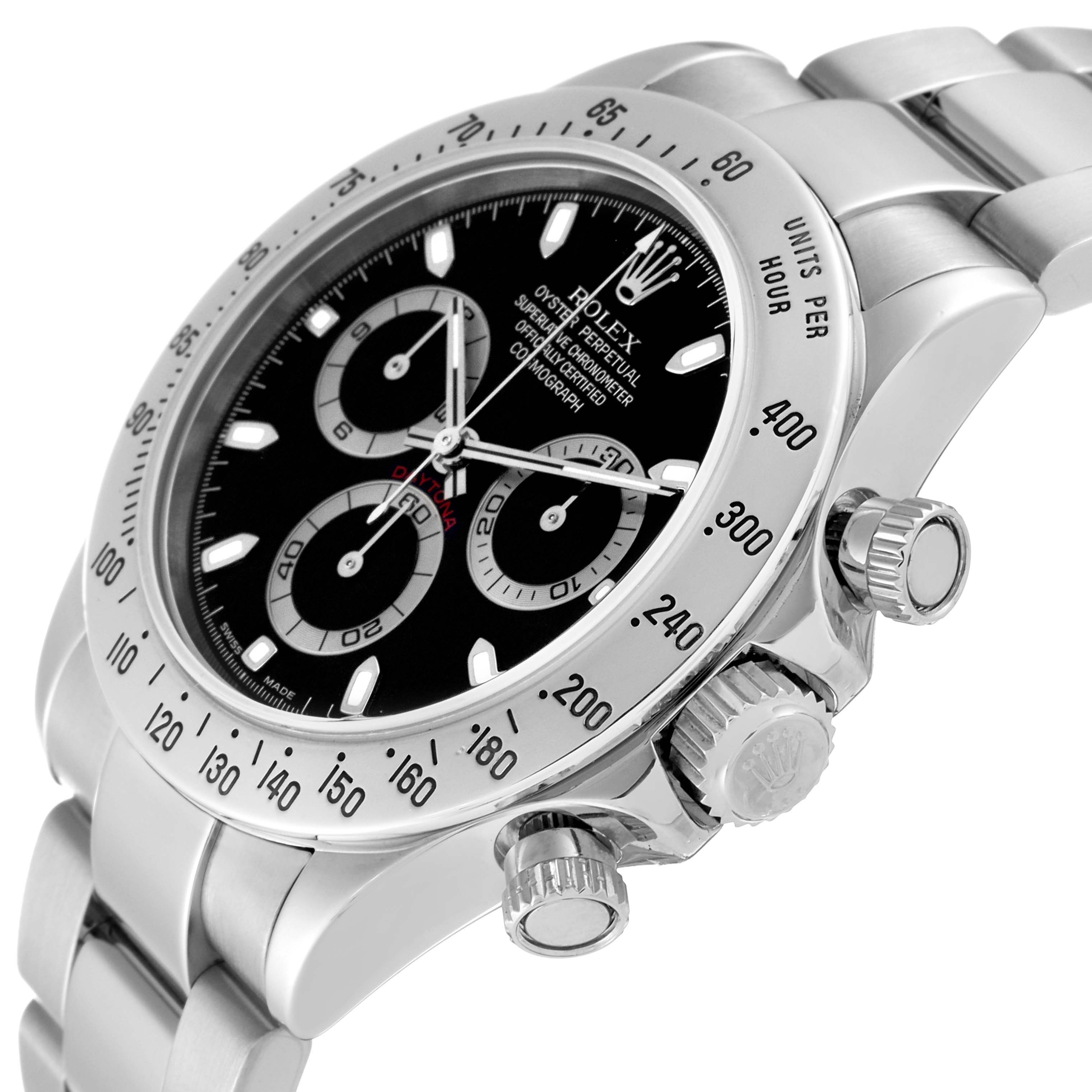 This image shows a side angle of the Rolex Daytona 116520 Men's Stainless Steel Black Dial 116520 Men's Stainless Steel Black Dial watch highlighting the bezel, dial, crown, and pushers.
