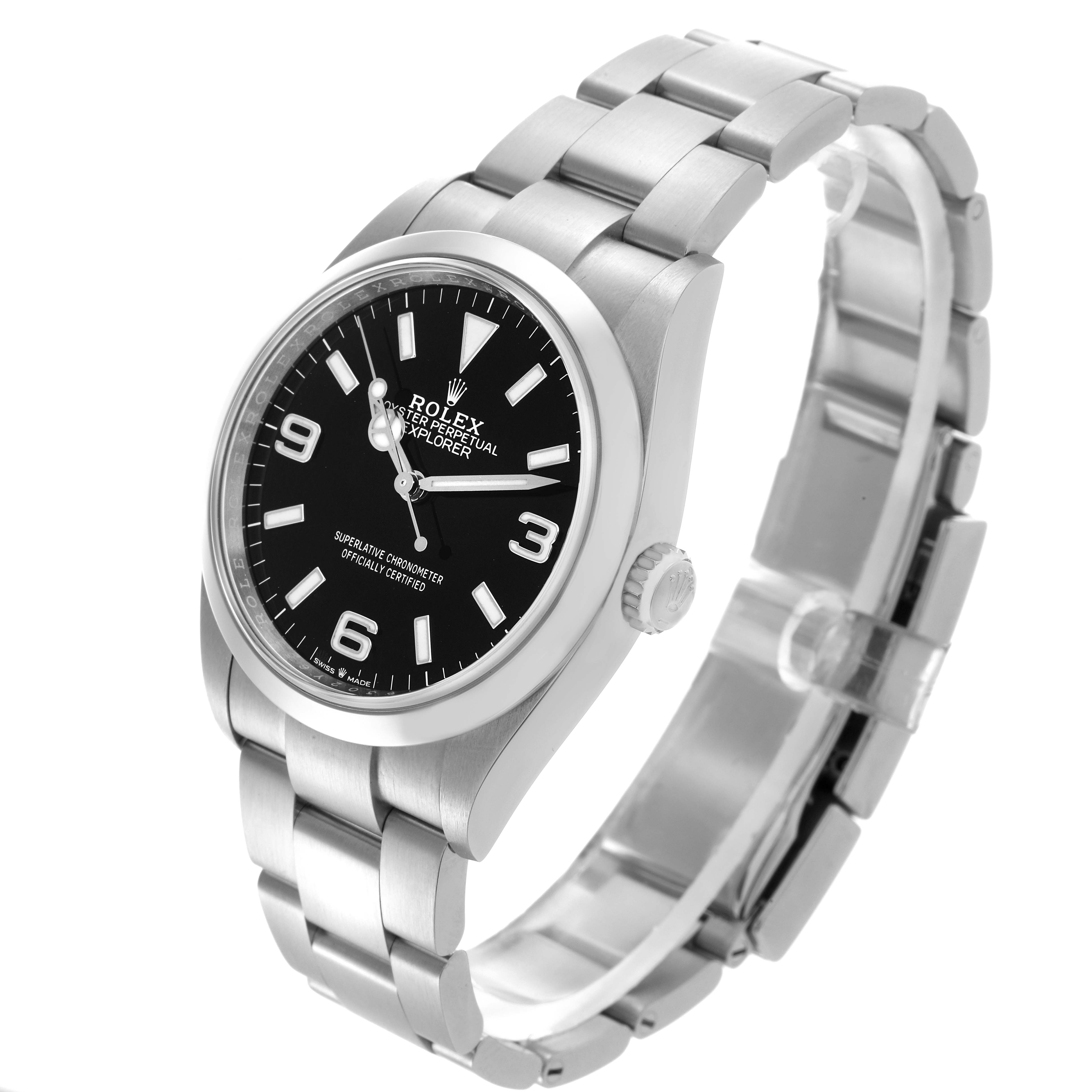 The Rolex Explorer 124270 Men
s Stainless Steel Black Dial 124270 Men
s Stainless Steel Black Dial watch is shown at a three-quarter angle, highlighting the dial, bezel, and bracelet.