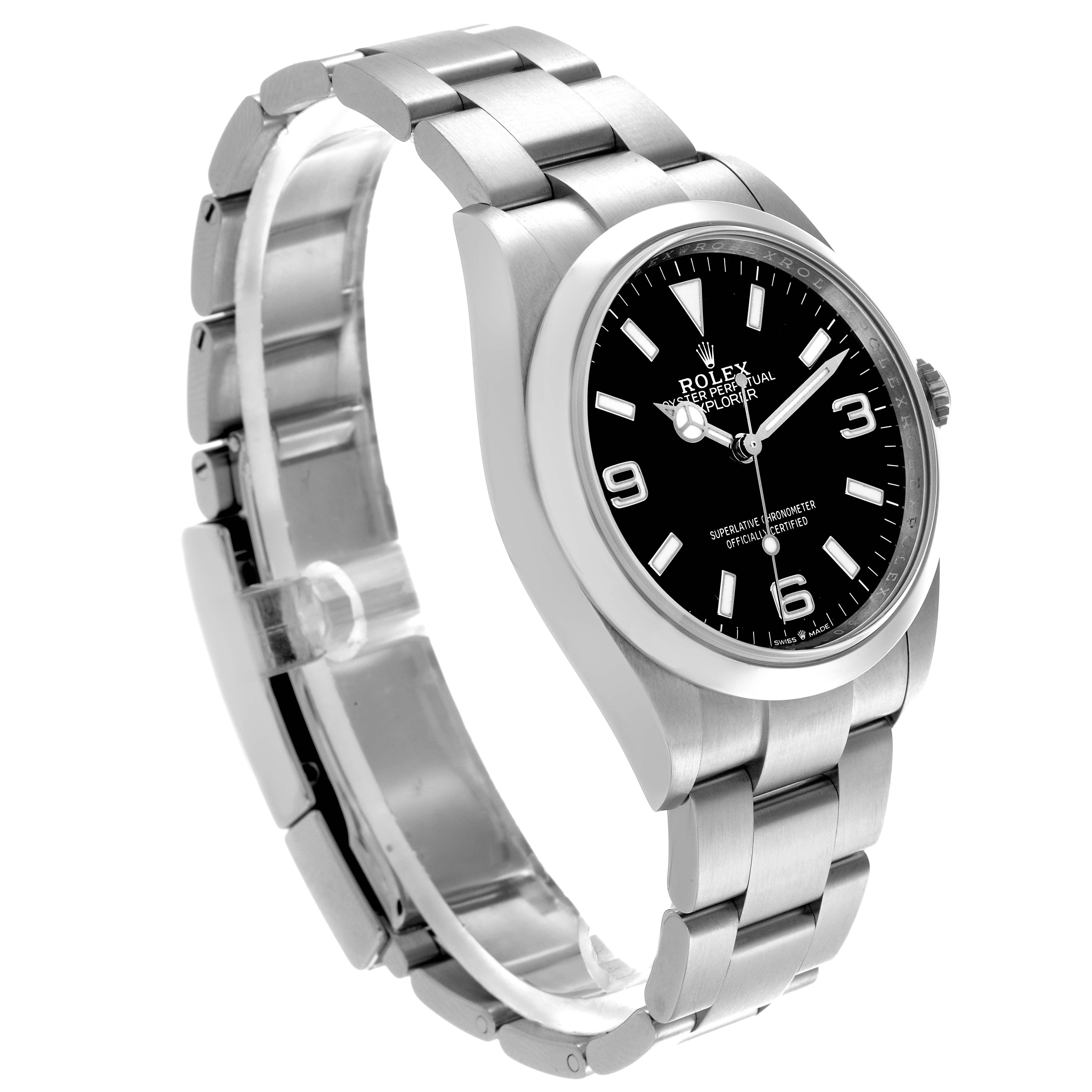 The Rolex Explorer 124270 Men
s Stainless Steel Black Dial 124270 Men
s Stainless Steel Black Dial watch is shown at a three-quarter angle, highlighting the dial, bezel, case, and bracelet.