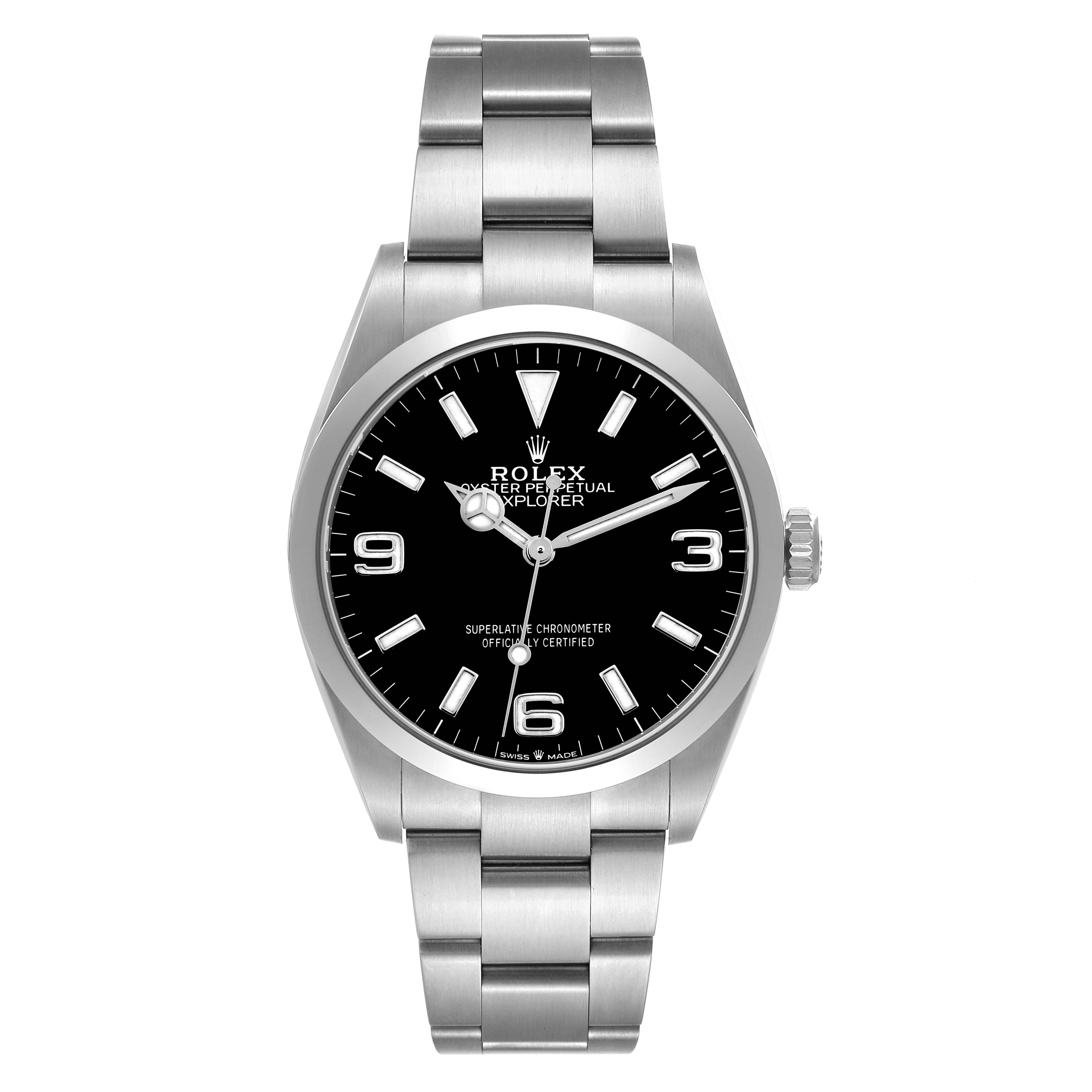 The Rolex Explorer 124270 Men
s Stainless Steel Black Dial 124270 Men
s Stainless Steel Black Dial watch is shown from a top-down angle, displaying the face, bezel, crown, and part of the bracelet.