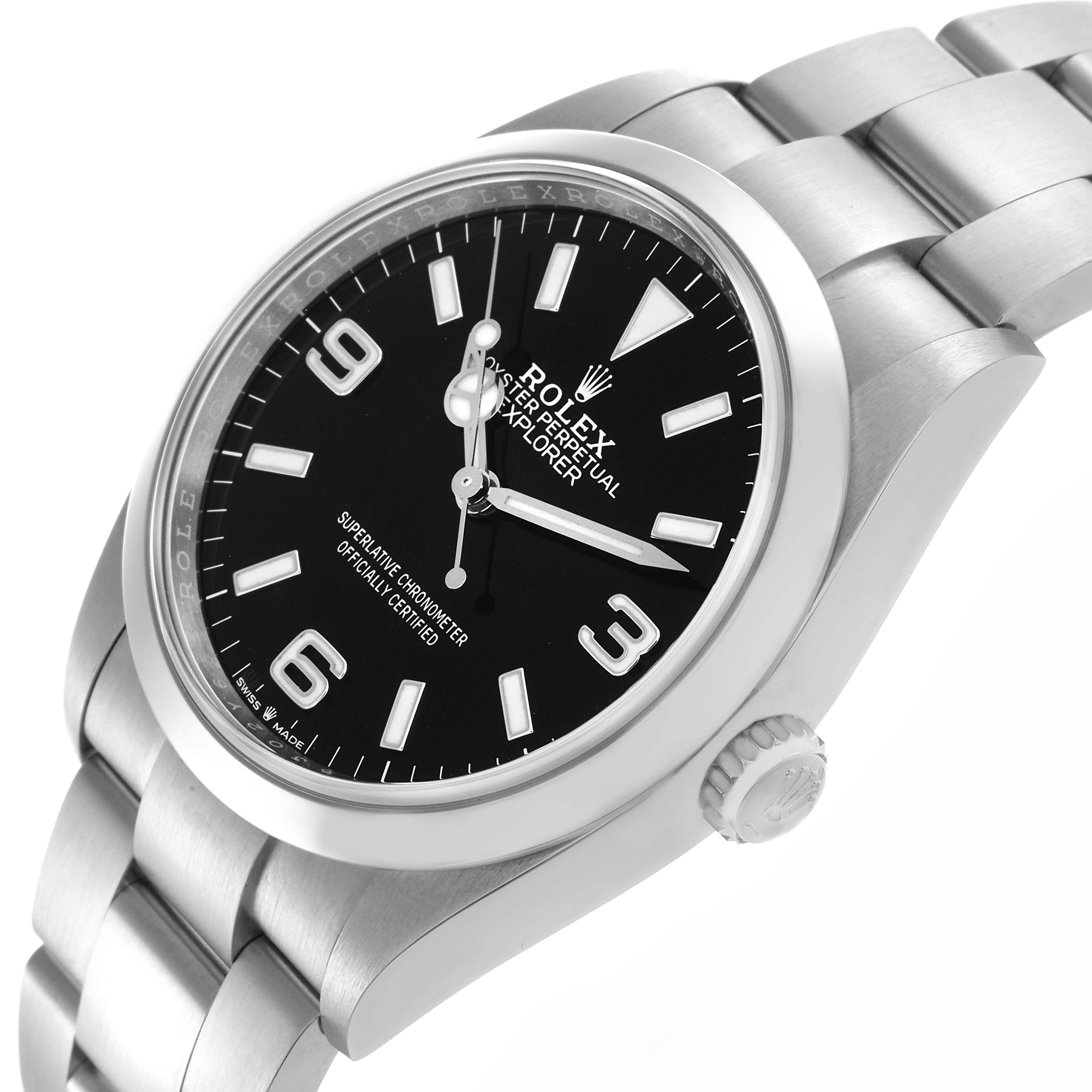 The Rolex Explorer 124270 Men
s Stainless Steel Black Dial 124270 Men
s Stainless Steel Black Dial watch is shown at an angled side view, highlighting the dial, bezel, crown, and bracelet.