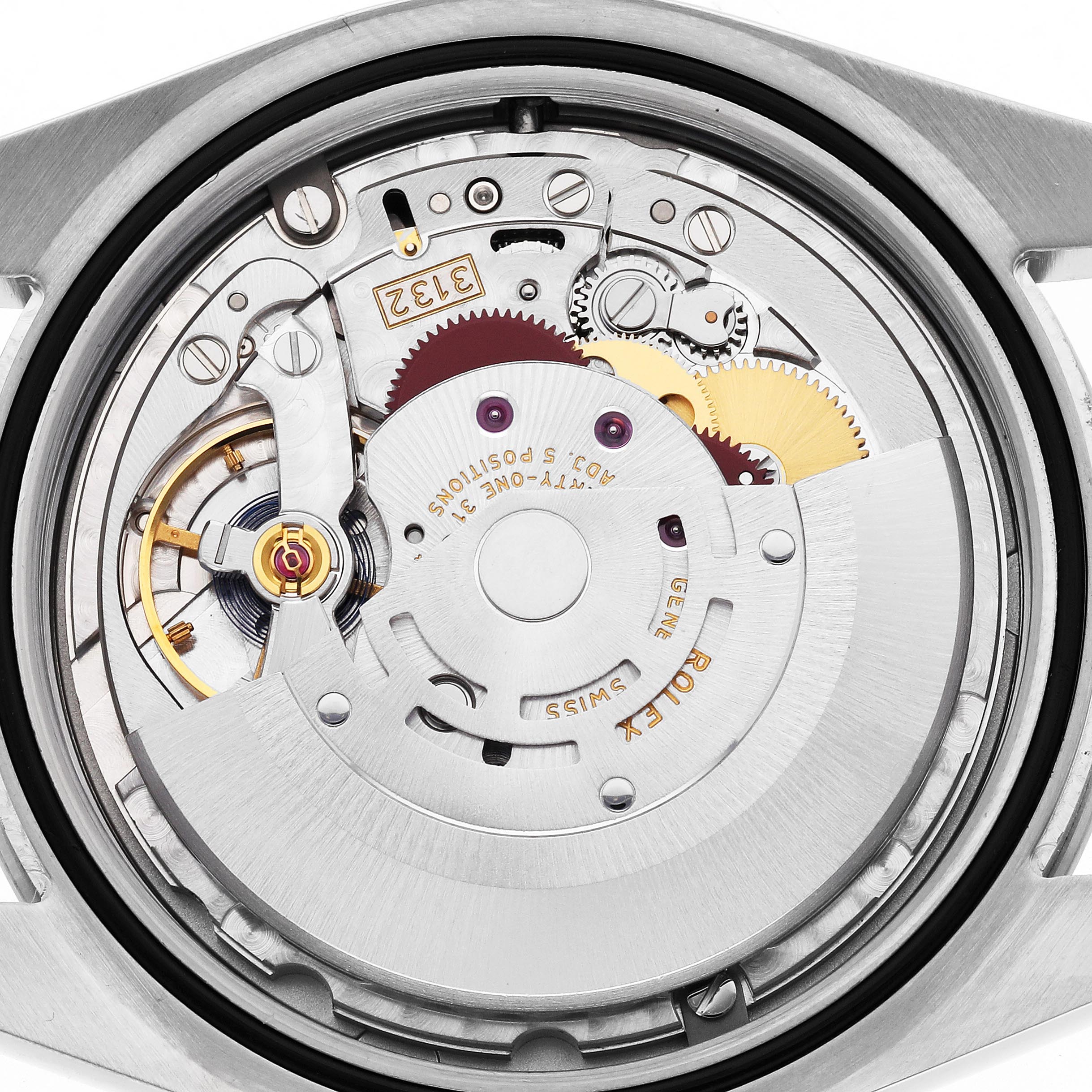 The image shows the movement of a Rolex Explorer 214270 Men
s Stainless Steel Black Dial 214270 Men
s Stainless Steel Black Dial watch, focusing on the intricate internal mechanical components from a top angle.