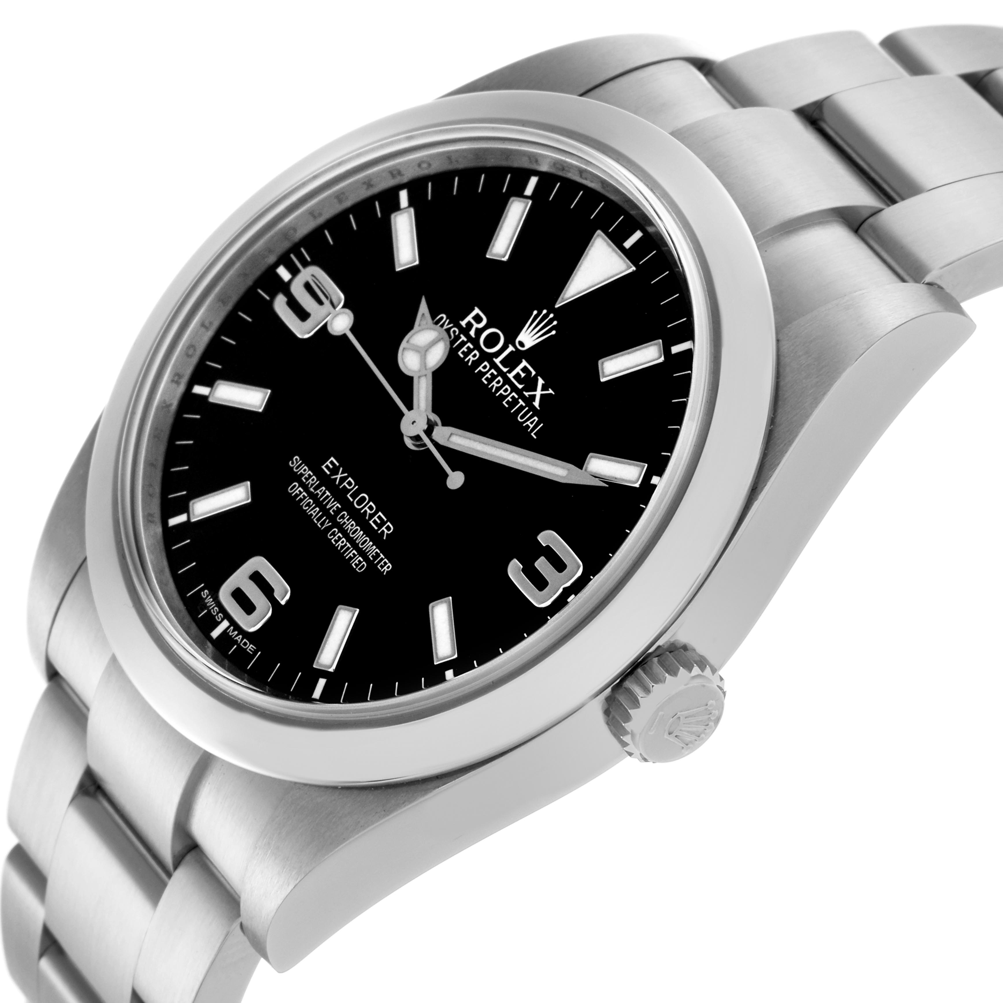 The Rolex Explorer 214270 Men
s Stainless Steel Black Dial 214270 Men
s Stainless Steel Black Dial watch is angled to show the dial, bezel, crown, and part of the bracelet.