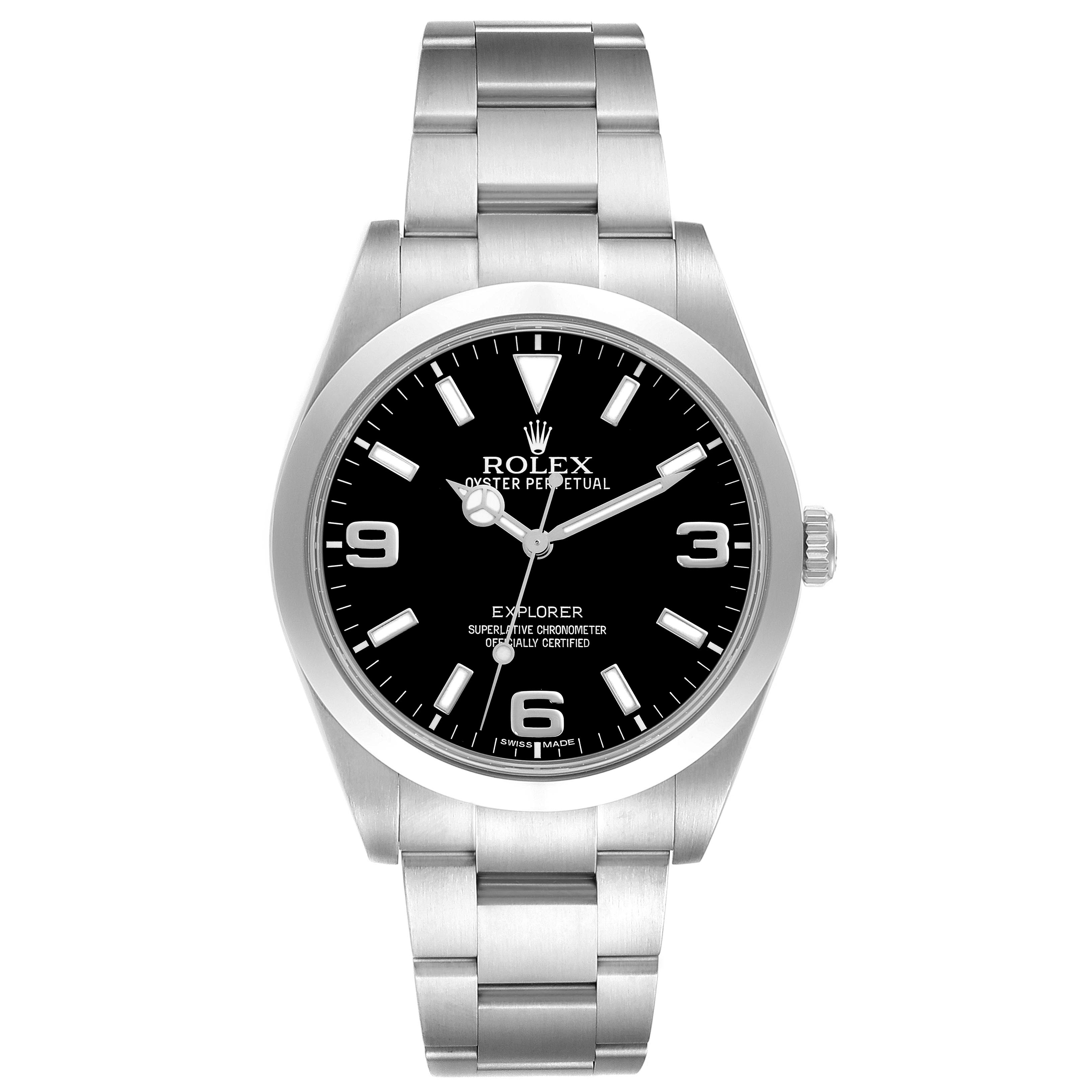 The Rolex Explorer 214270 Men
s Stainless Steel Black Dial 214270 Men
s Stainless Steel Black Dial watch is shown from the front, displaying the face, bezel, and part of the bracelet.