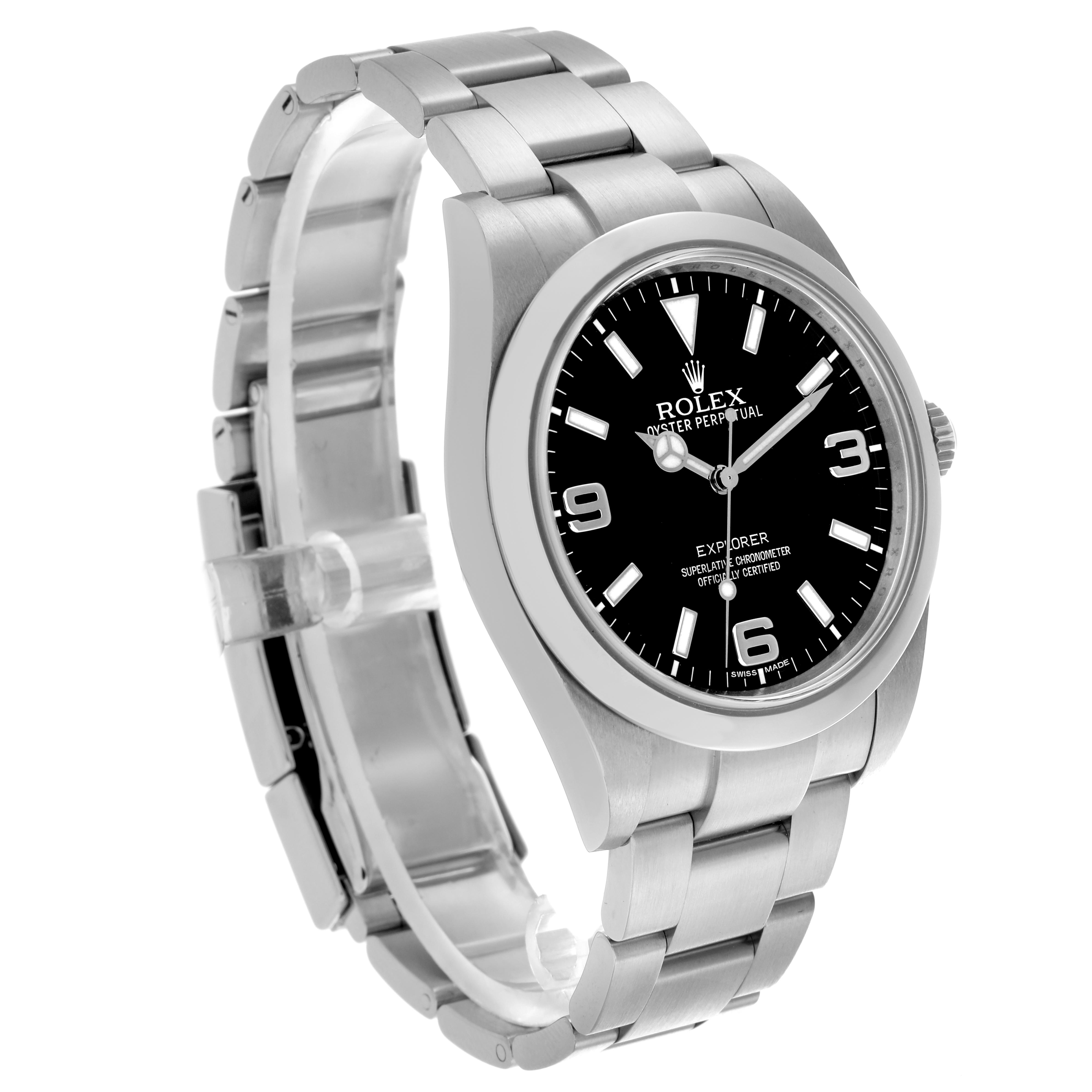 The Rolex Explorer 214270 Men
s Stainless Steel Black Dial 214270 Men
s Stainless Steel Black Dial watch is shown at a three-quarter angle, highlighting the face, bezel, case, and bracelet.
