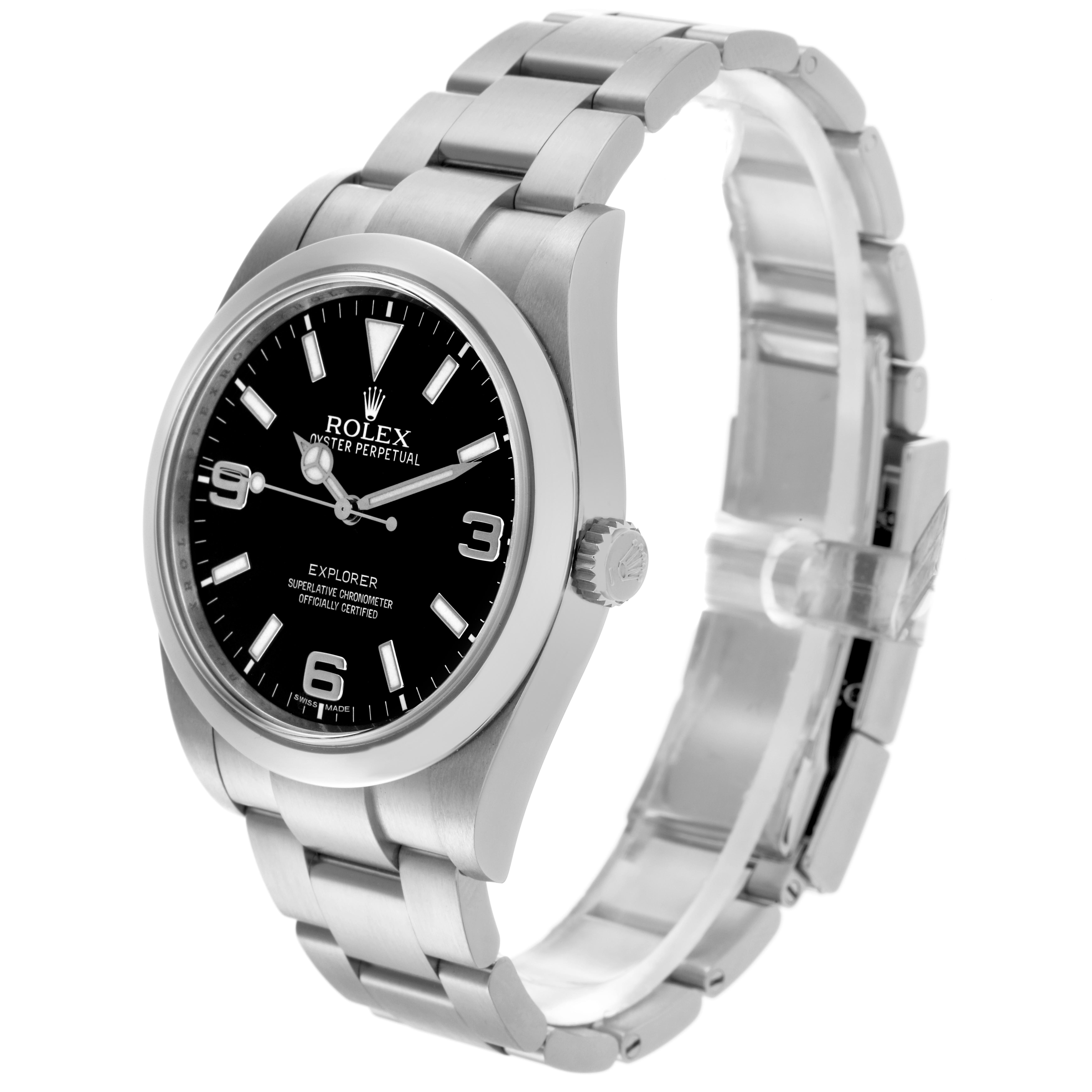 The image shows a side angle of a Rolex Explorer 214270 Men
s Stainless Steel Black Dial 214270 Men
s Stainless Steel Black Dial, highlighting the bezel, crown, dial, and bracelet.