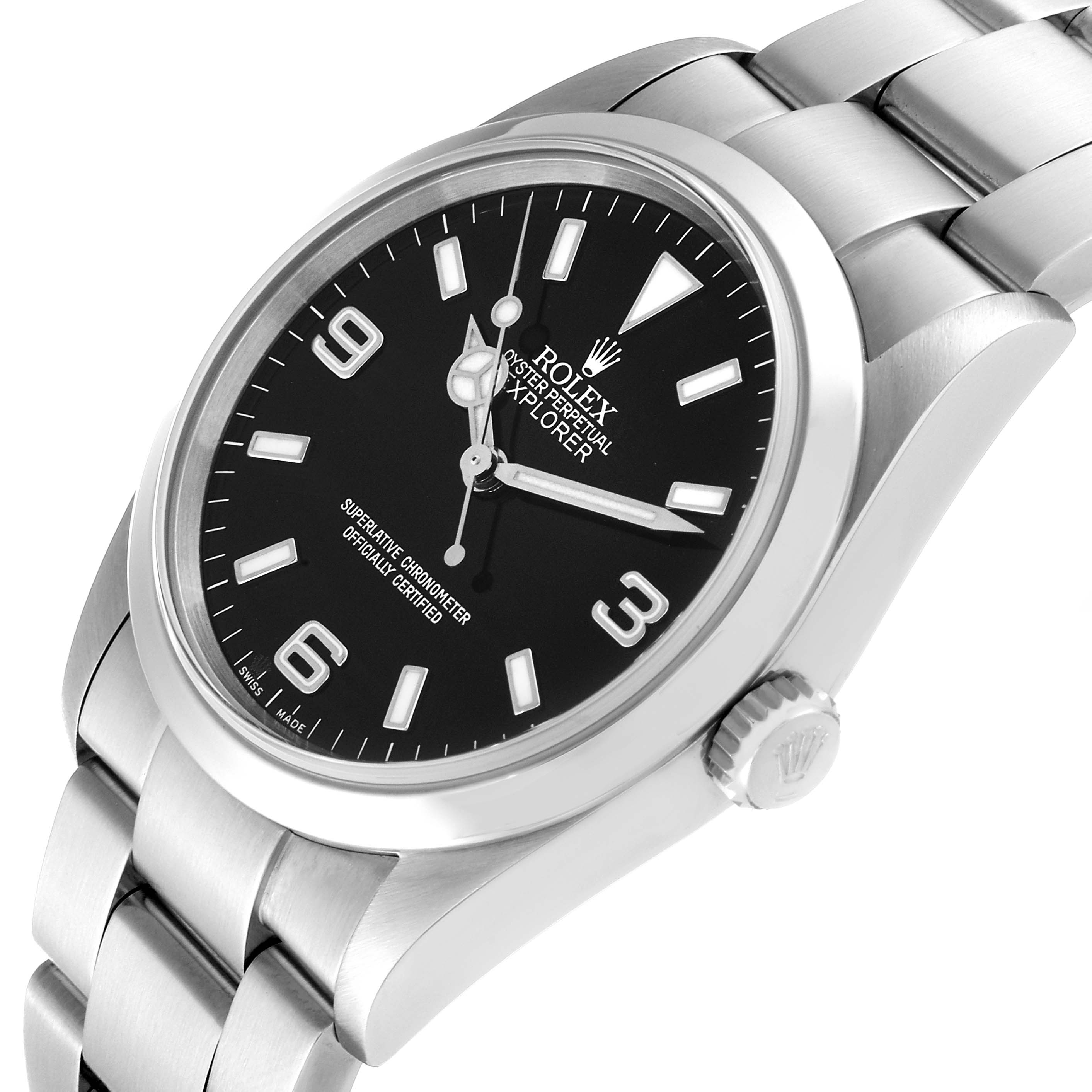 The Rolex Explorer 114270 Men
s Stainless Steel Black Dial 114270 Men
s Stainless Steel Black Dial watch is shown at an angle displaying the face, bezel, crown, and part of the metal bracelet.