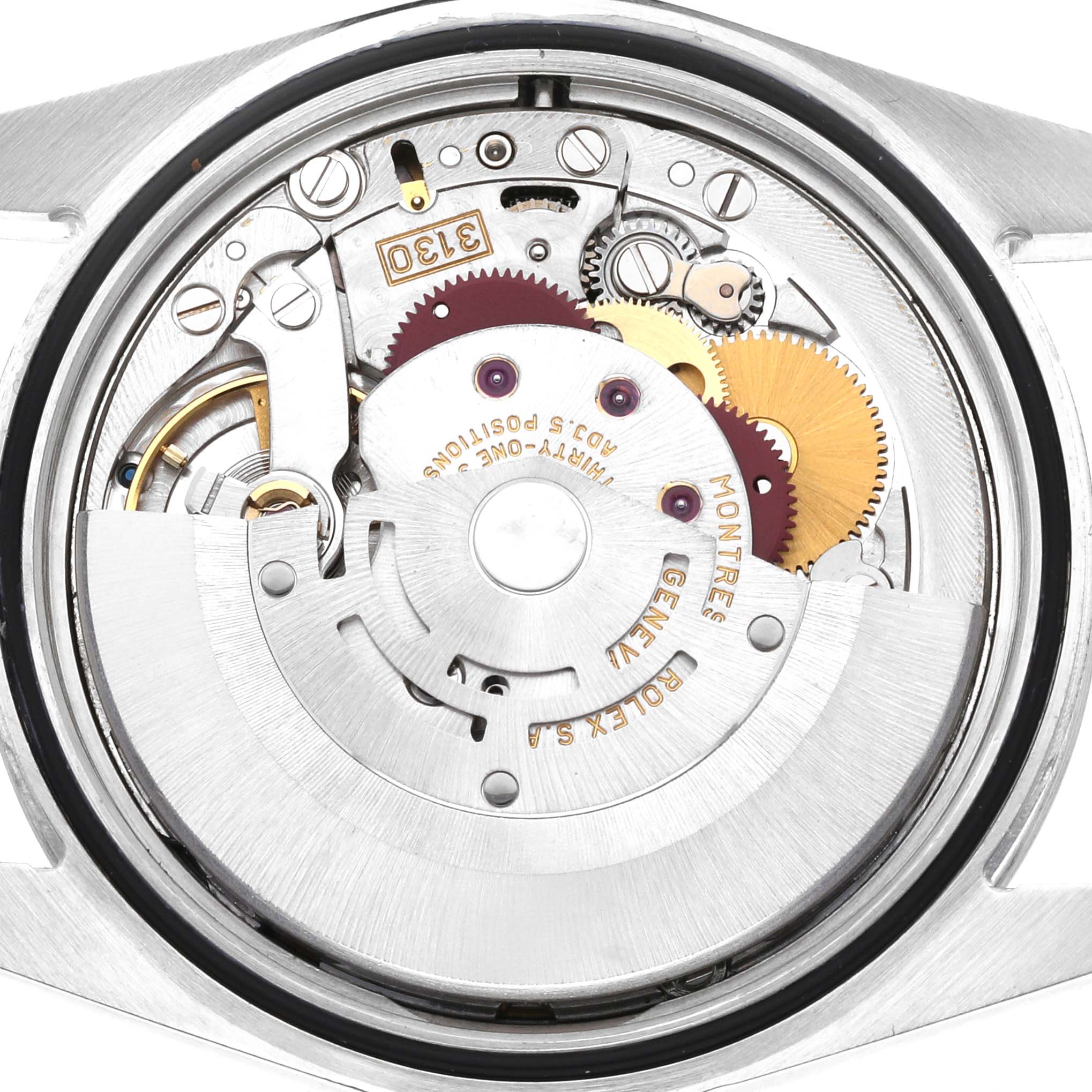 This image shows the internal movement mechanism of the Rolex Explorer 114270 Men
s Stainless Steel Black Dial 114270 Men
s Stainless Steel Black Dial watch from a top-down angle.