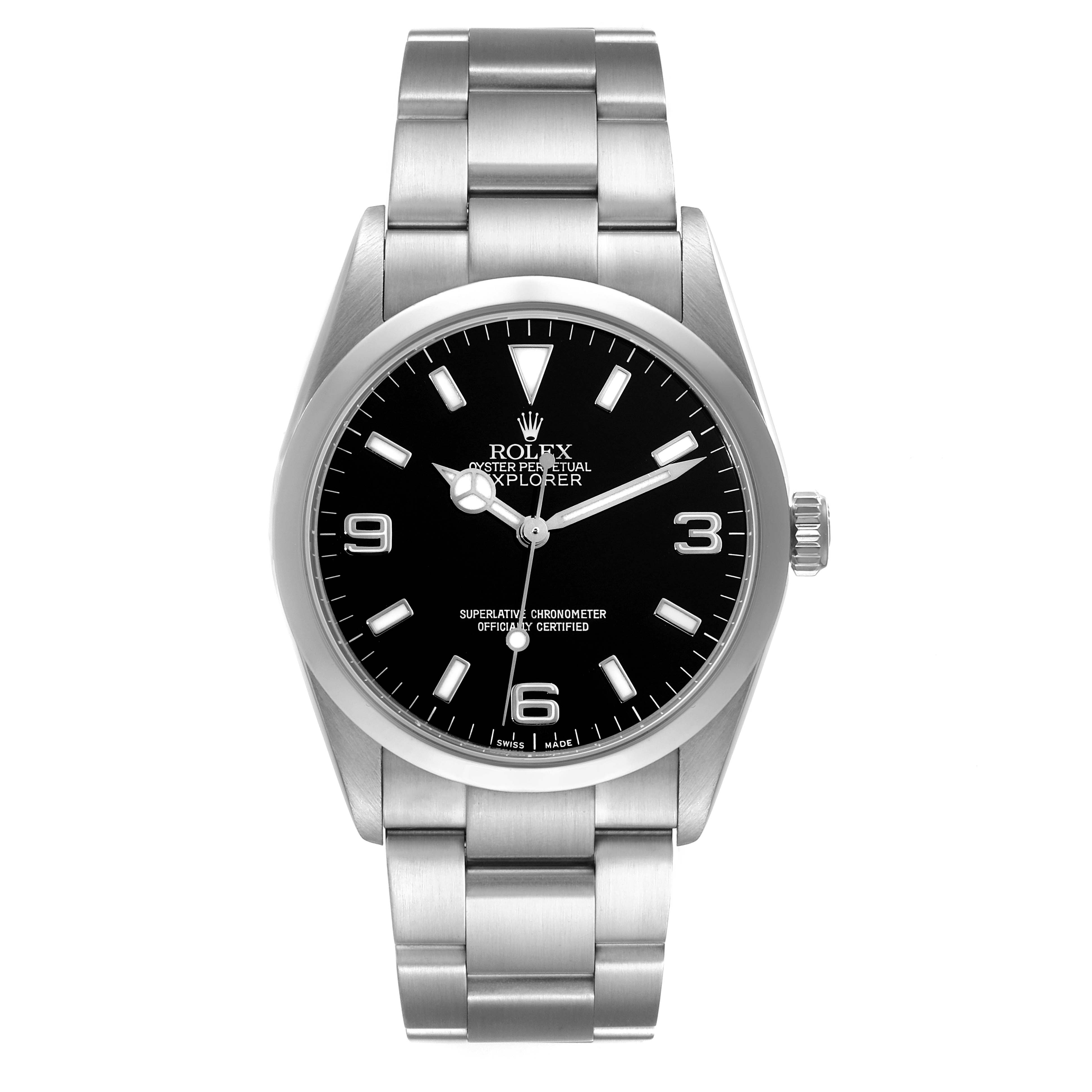 The image shows a front view of a Rolex Explorer 114270 Men
s Stainless Steel Black Dial 114270 Men
s Stainless Steel Black Dial model watch, highlighting its black dial, silver case, and metal bracelet.