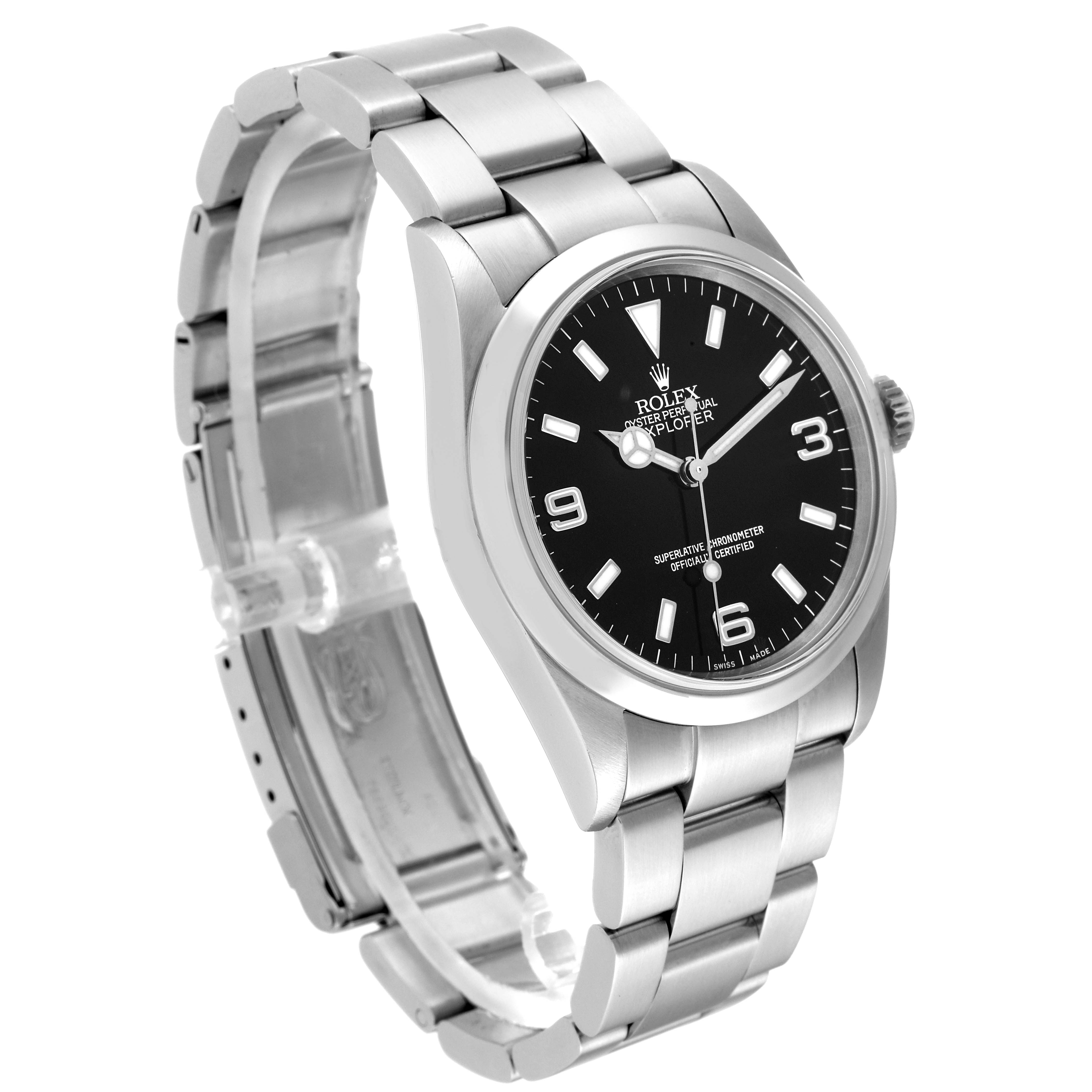 The Rolex Explorer 114270 Men
s Stainless Steel Black Dial 114270 Men
s Stainless Steel Black Dial watch is shown at a 3/4 angle, highlighting its black dial, silver bezel, and steel bracelet.