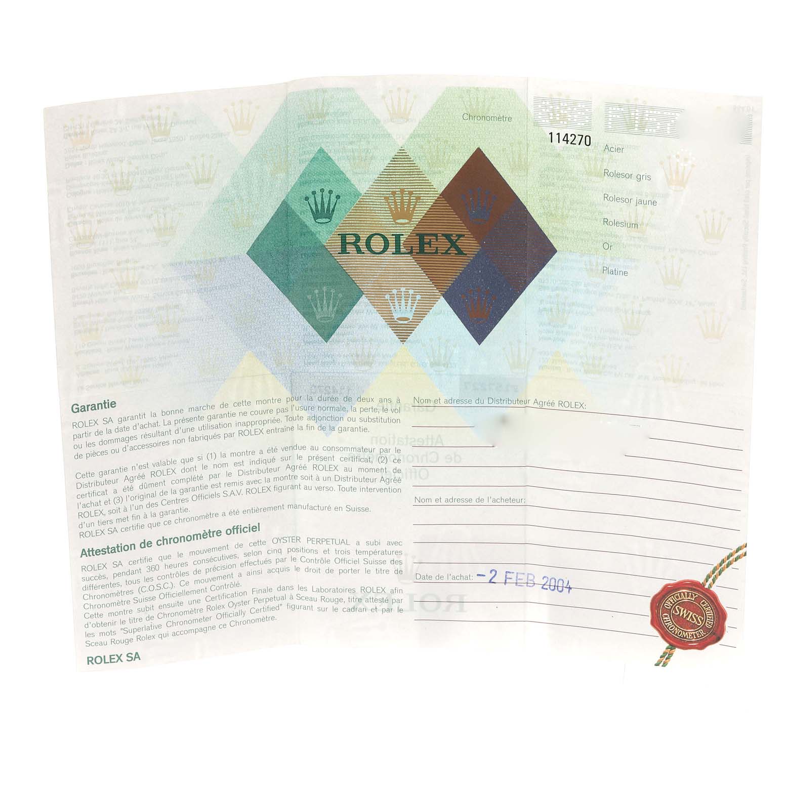 The image shows the warranty and certification papers for a Rolex Explorer 114270 Men
s Stainless Steel Black Dial 114270 Men
s Stainless Steel Black Dial model watch.