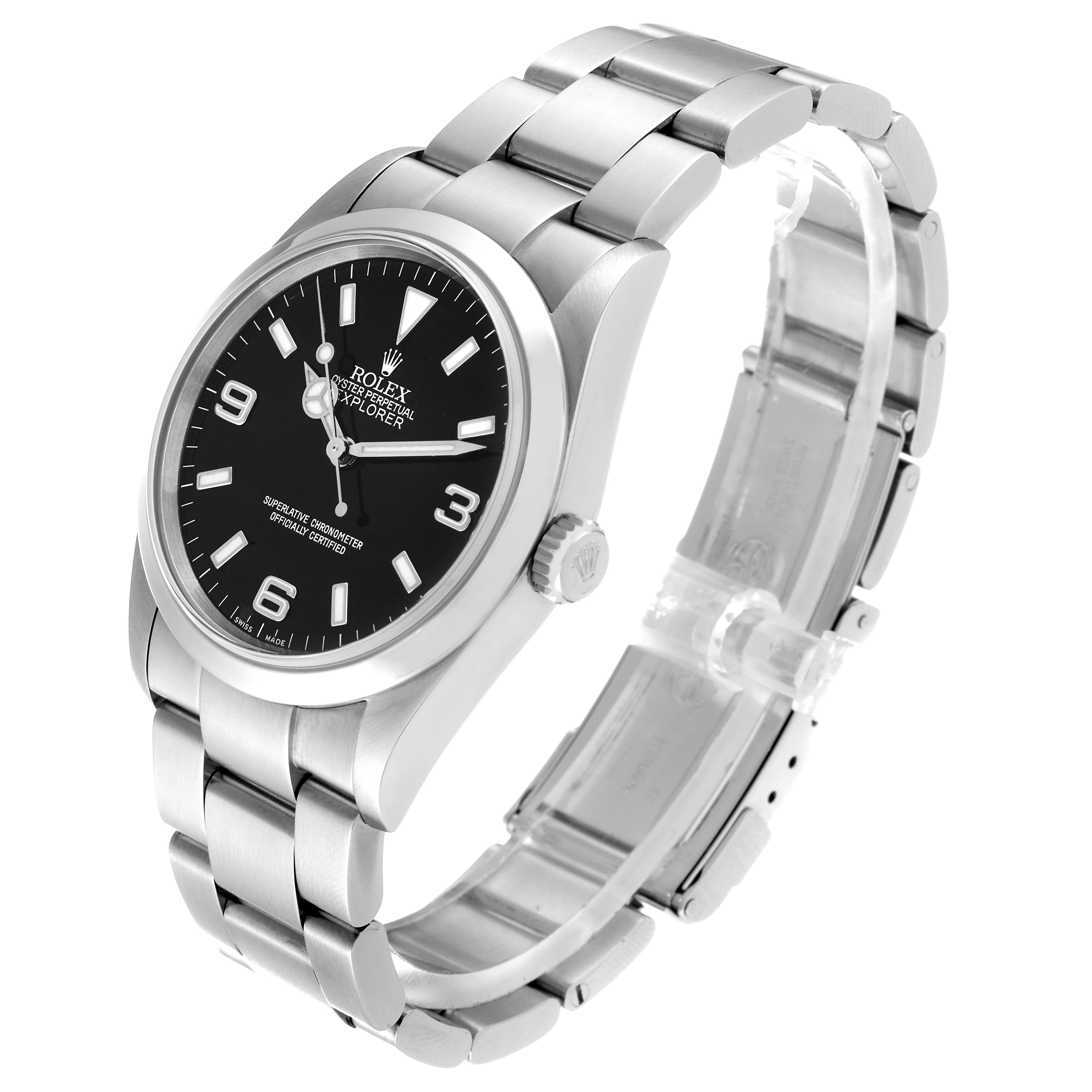 The image shows a Rolex Explorer 114270 Men
s Stainless Steel Black Dial 114270 Men
s Stainless Steel Black Dial model watch angled to display its black dial, crown, and metal bracelet.