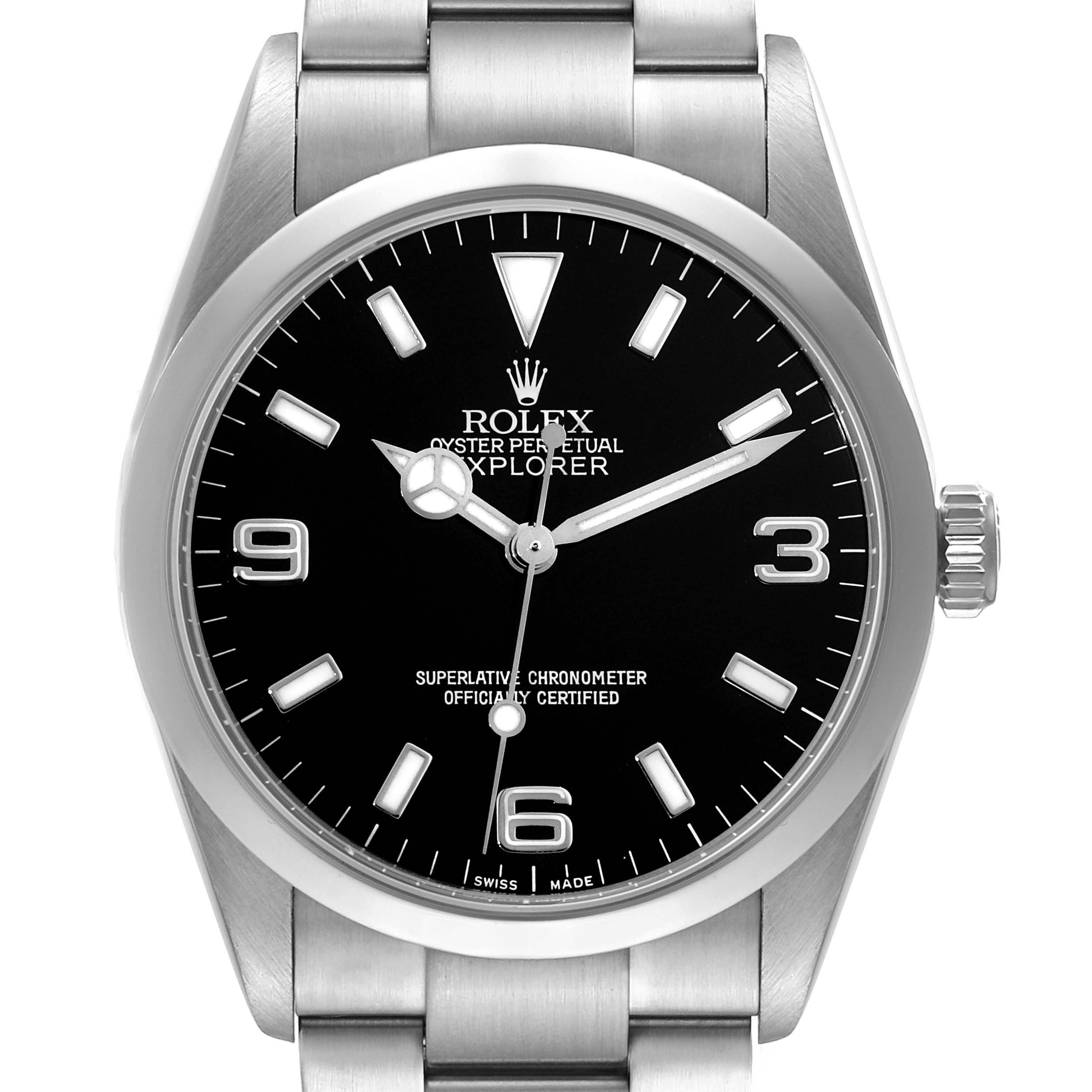 The image shows a front view of the Rolex Explorer 114270 Men
s Stainless Steel Black Dial 114270 Men
s Stainless Steel Black Dial watch, featuring its dial, hands, markers, and part of the stainless steel bracelet.