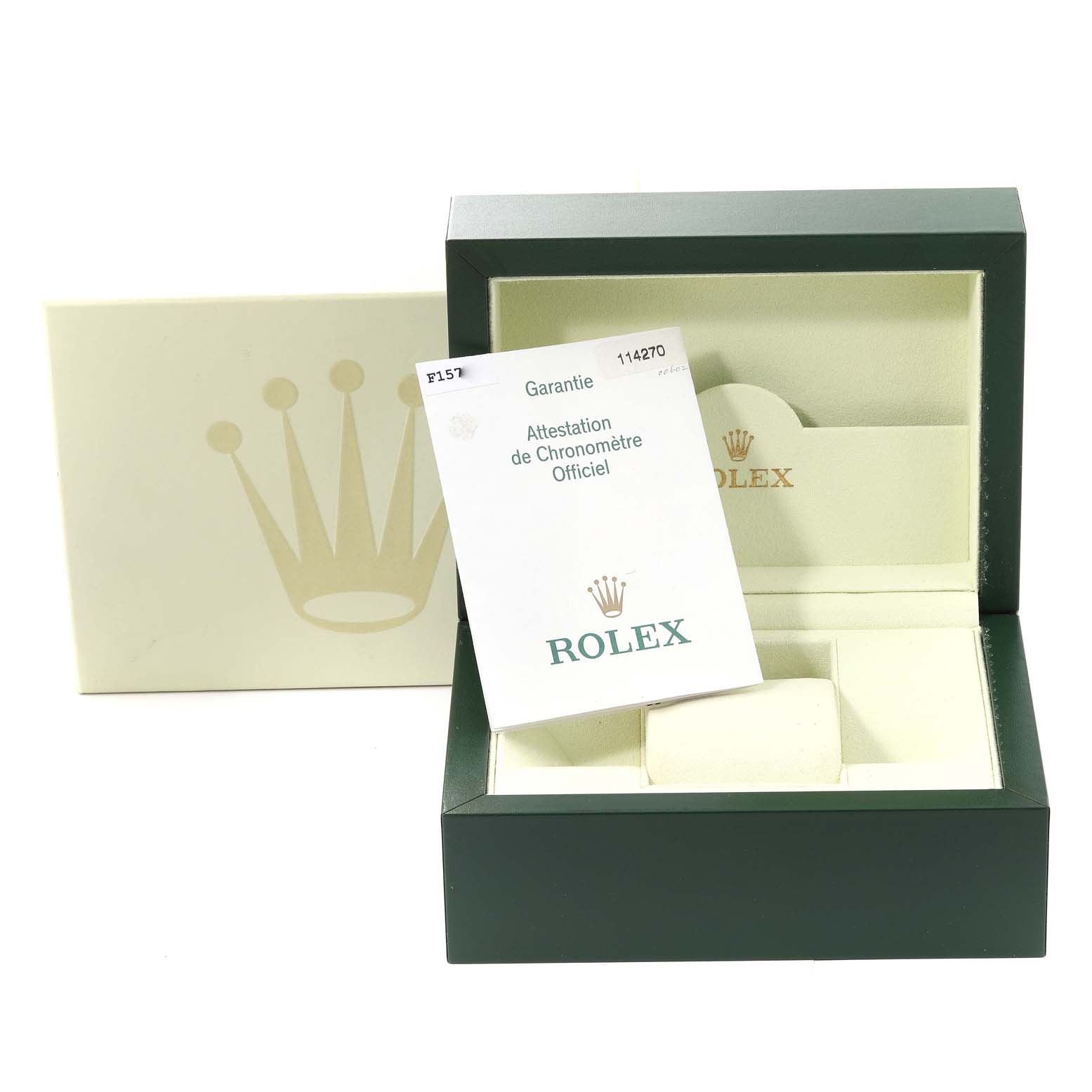 The image shows the box and guarantee card for the Rolex Explorer 114270 Men
s Stainless Steel Black Dial 114270 Men
s Stainless Steel Black Dial model, with the watch box open and displaying the Rolex branding.