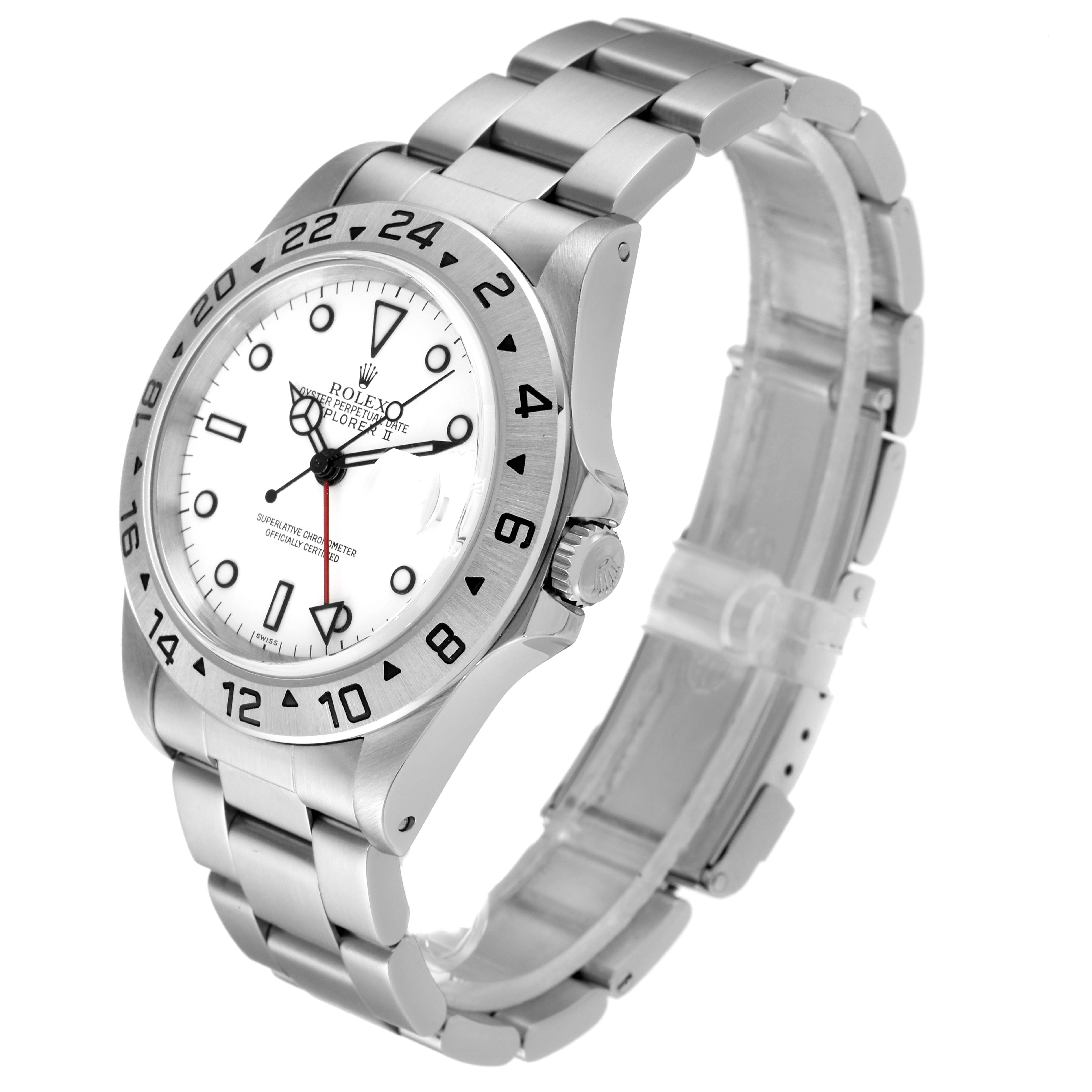 The Rolex Explorer 16570 Men's Stainless Steel White Dial 16570 Men's Stainless Steel White Dial watch is shown at a 3/4 angle, highlighting the bezel, dial, hands, crown, and bracelet.