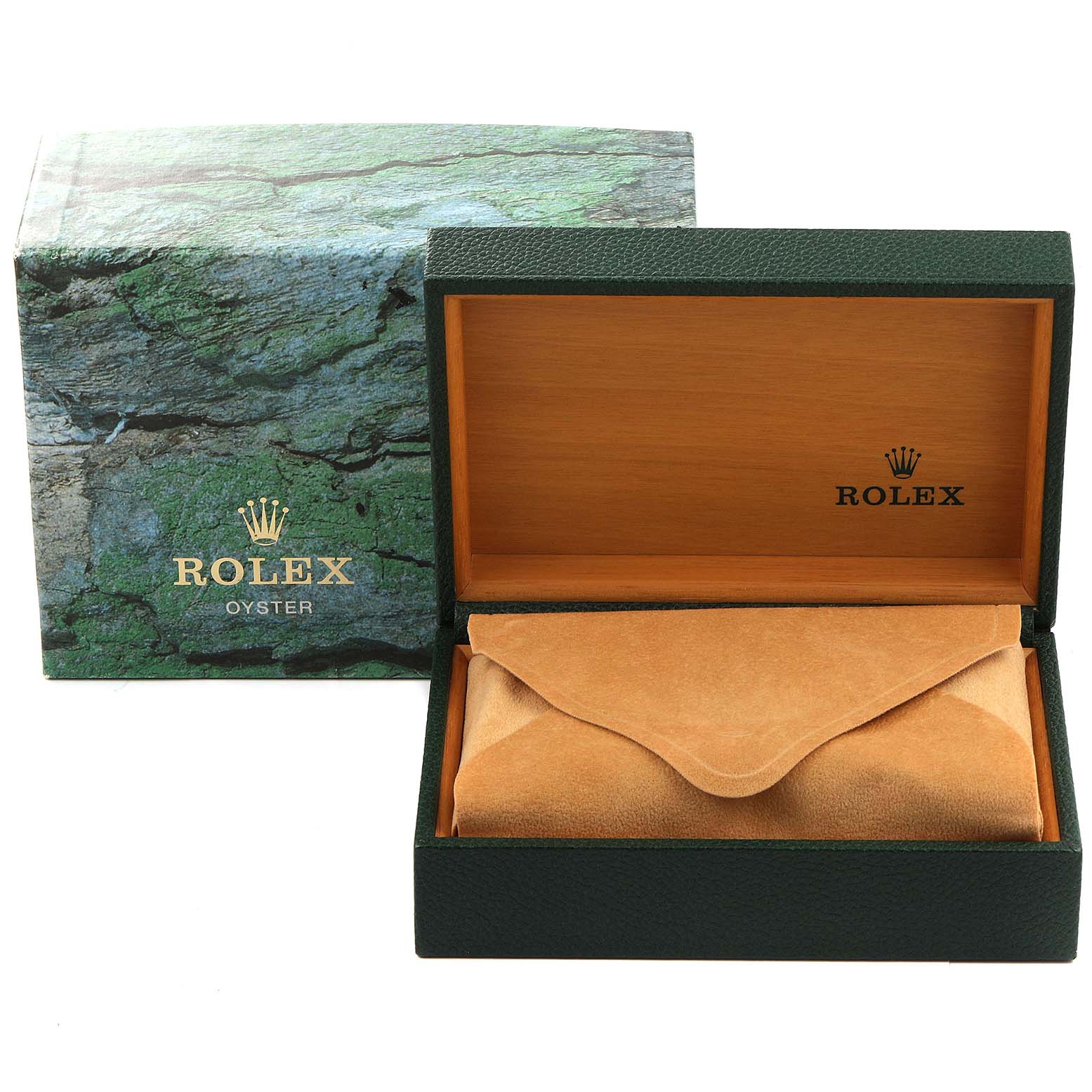 The image features the outer packaging, box, and a suede pouch of the Rolex Explorer 16570 Men's Stainless Steel White Dial 16570 Men's Stainless Steel White Dial model watch.