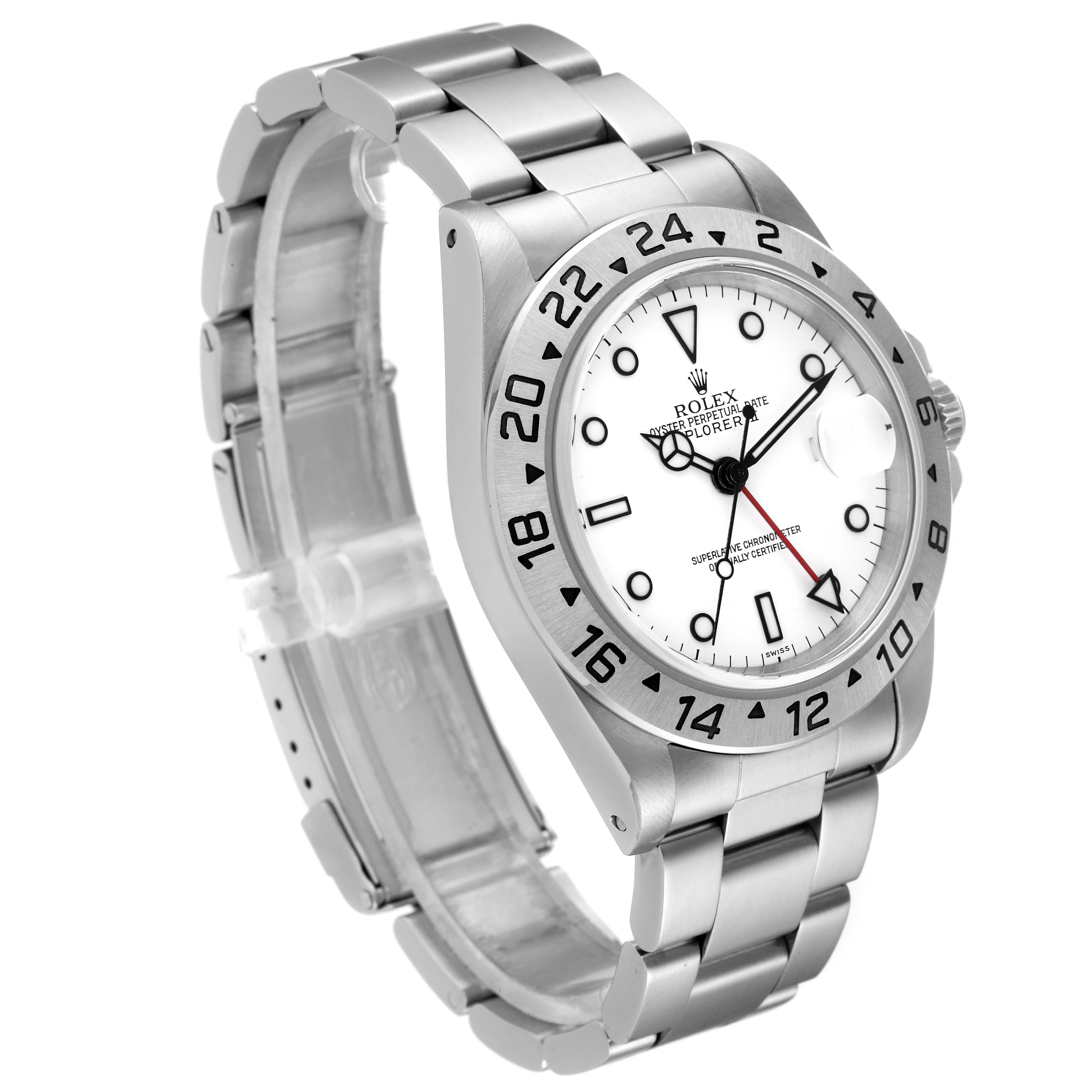 The image shows a Rolex Explorer 16570 Men's Stainless Steel White Dial 16570 Men's Stainless Steel White Dial watch at a three-quarter angle, highlighting the face, bezel, and bracelet.