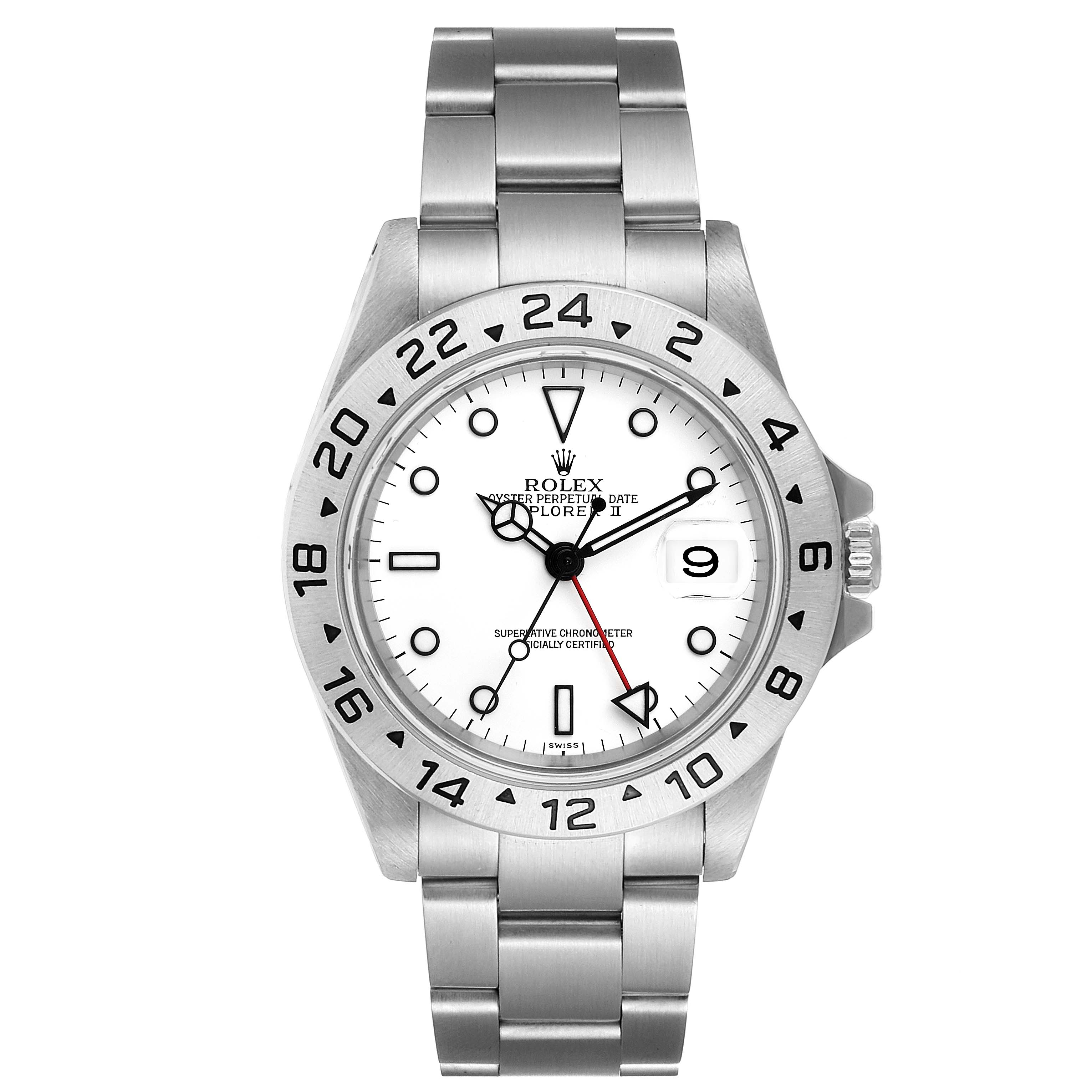 The image shows a front view of the Rolex Explorer 16570 Men's Stainless Steel White Dial 16570 Men's Stainless Steel White Dial watch, displaying its dial, hands, bezel, and stainless steel bracelet.