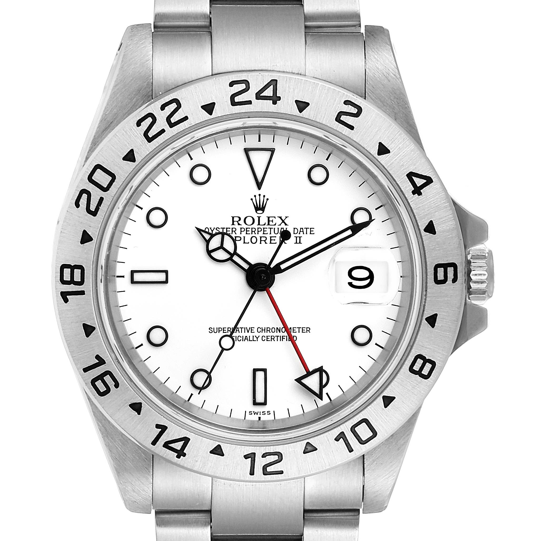 The image shows a Rolex Explorer 16570 Men's Stainless Steel White Dial 16570 Men's Stainless Steel White Dial watch in a head-on angle, displaying the dial, bezel, hands, and part of the bracelet.