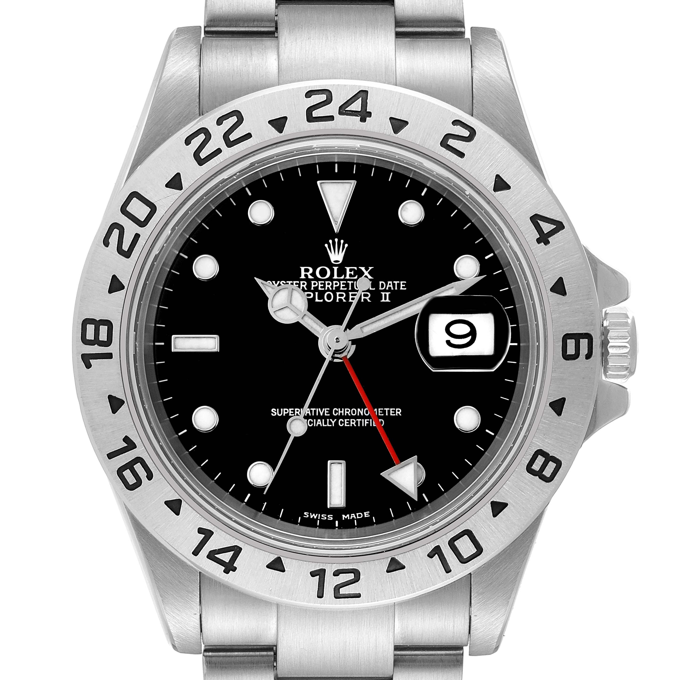 The image shows a front view of a Rolex Explorer 16570 Men's Stainless Steel Black Dial 16570 Men's Stainless Steel Black Dial watch, highlighting its dial, bezel, and bracelet.